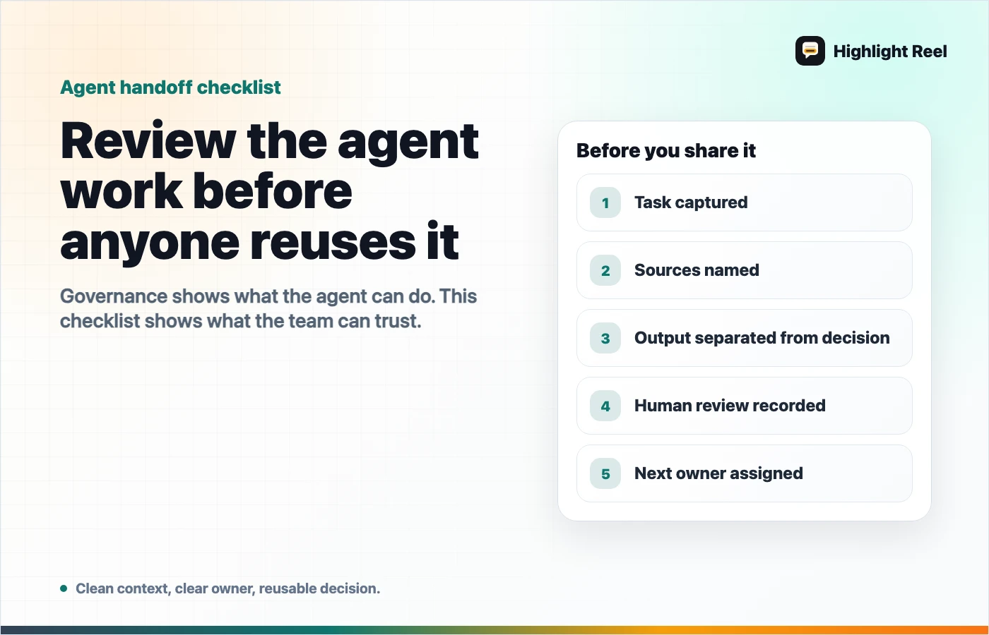 AI agent handoff review checklist for task, sources, output, human review, and next owner