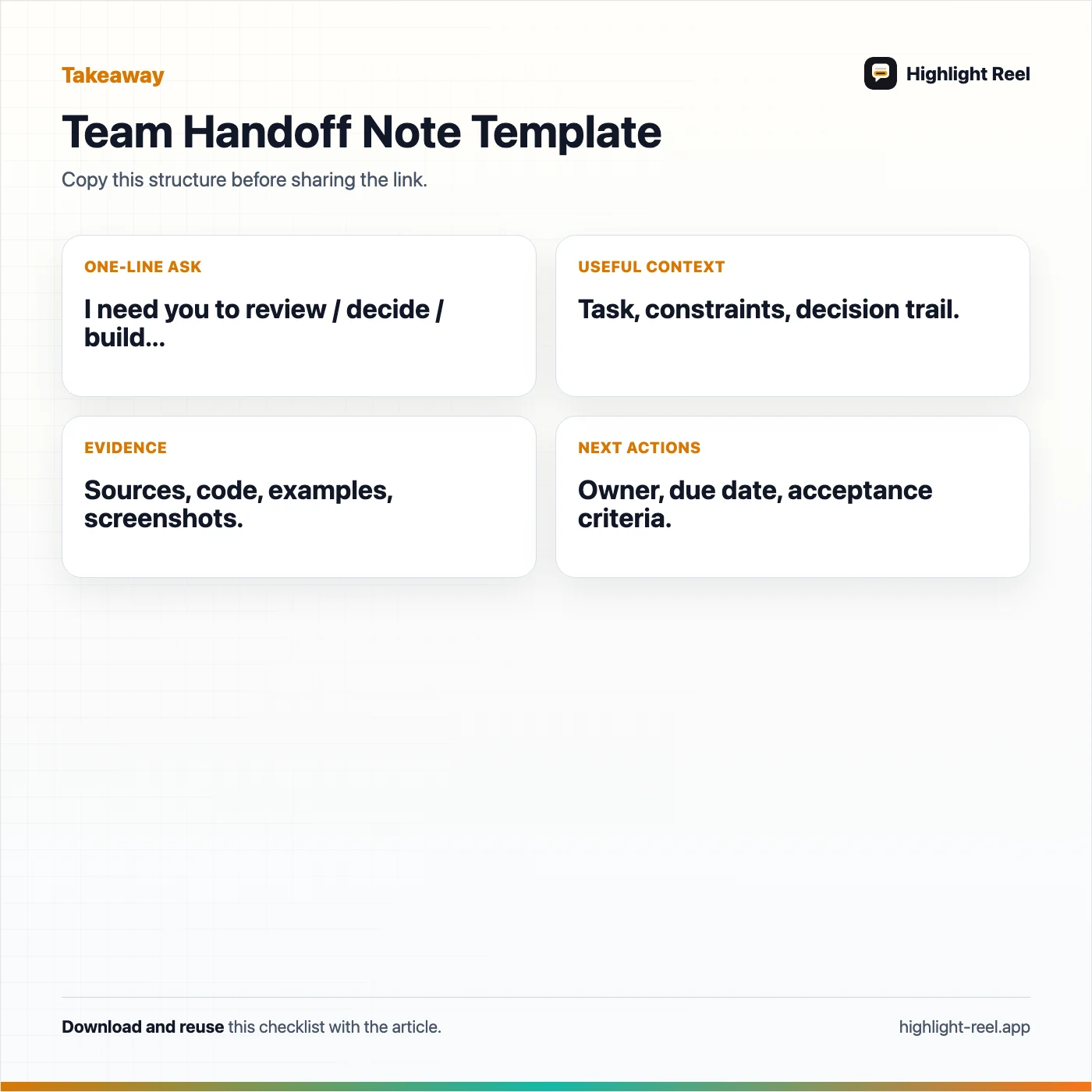 A downloadable team handoff note template for sharing useful ChatGPT conversations