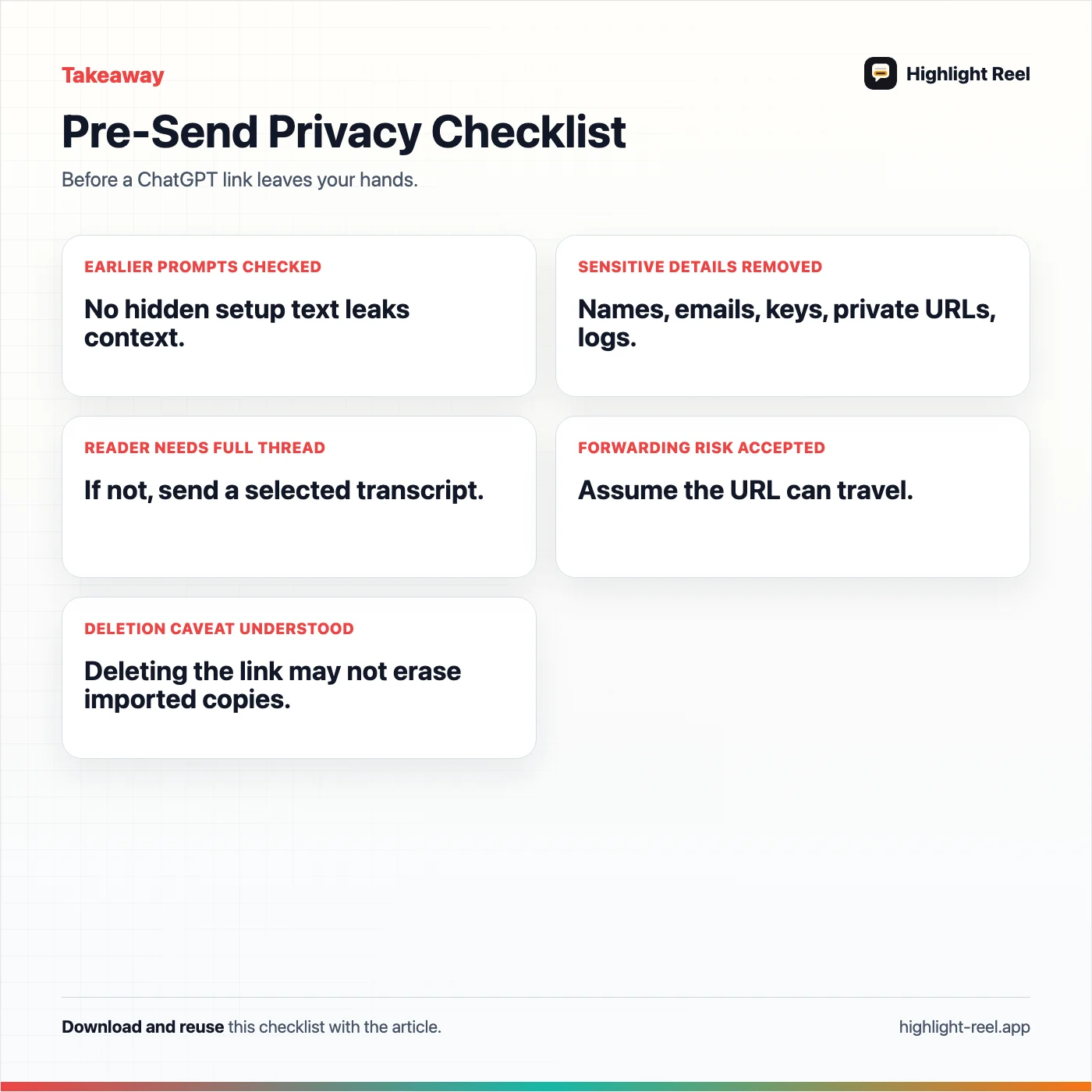 A downloadable pre-send privacy checklist for ChatGPT shared links