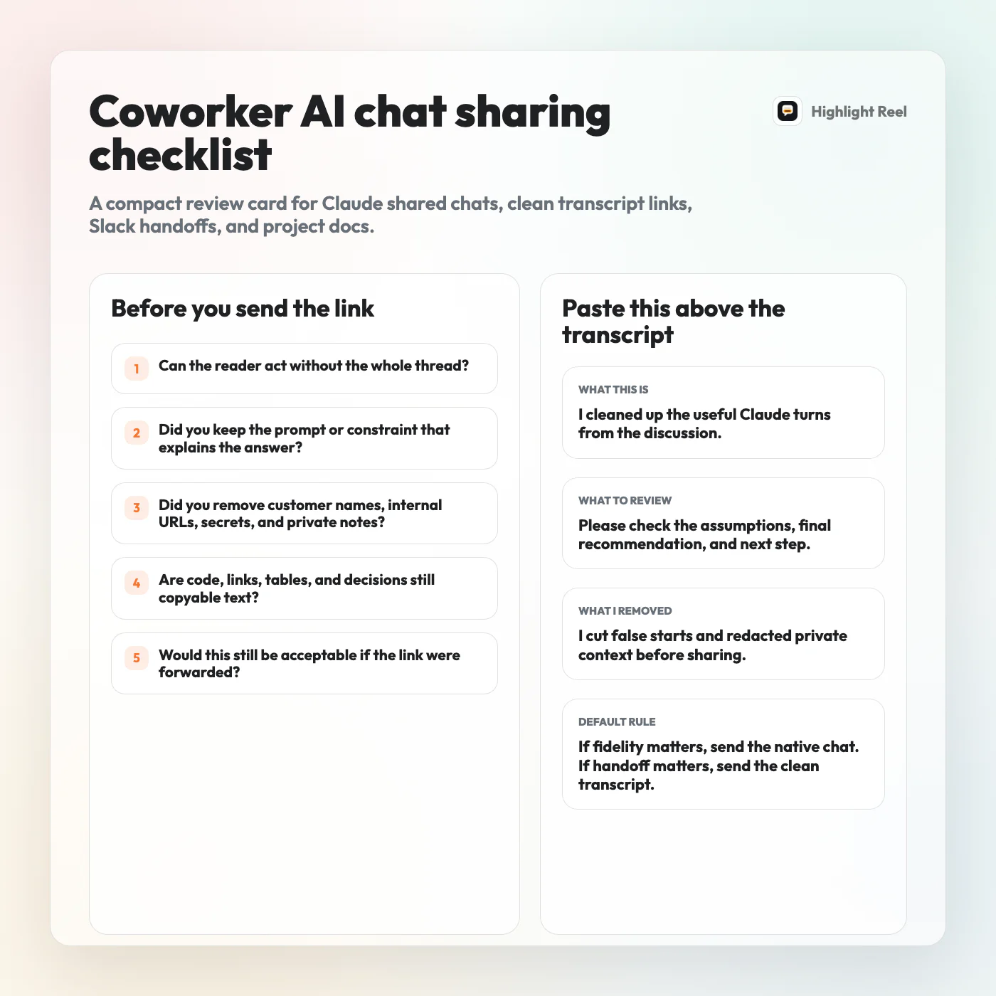 A downloadable coworker AI chat sharing checklist with review questions and a handoff note template