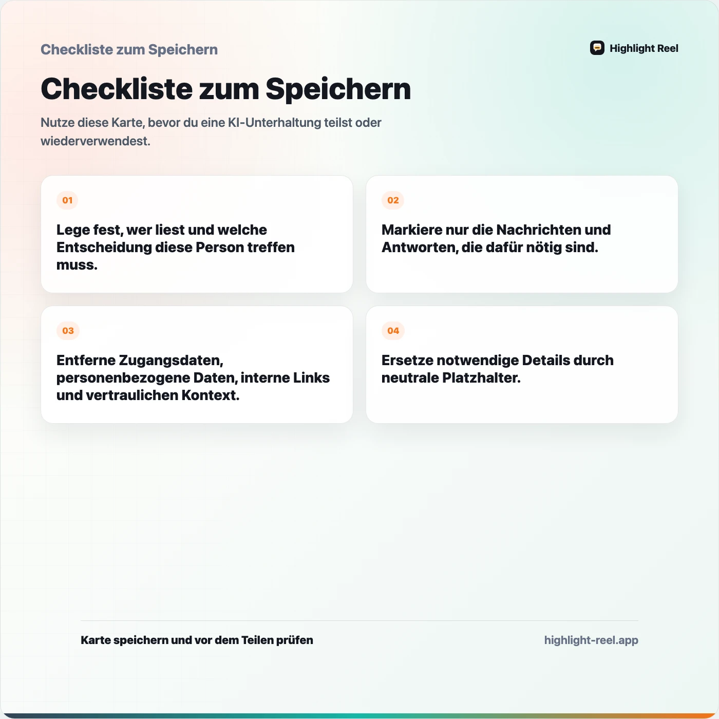 Checkliste zum Speichern für Einen KI-Chat vor dem Teilen bereinigen