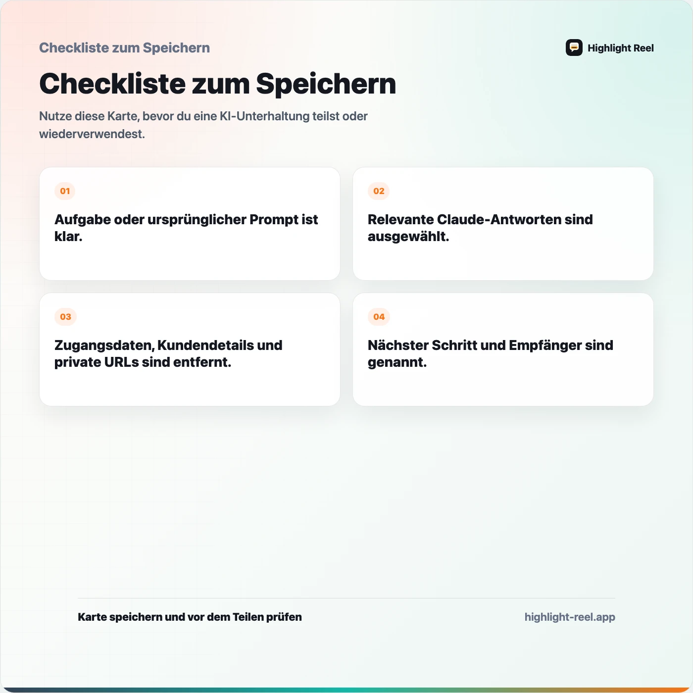 Checkliste zum Speichern für Claude-Freigaben oder bereinigte Gesprächsnotizen: Was Kollegen sehen sollten