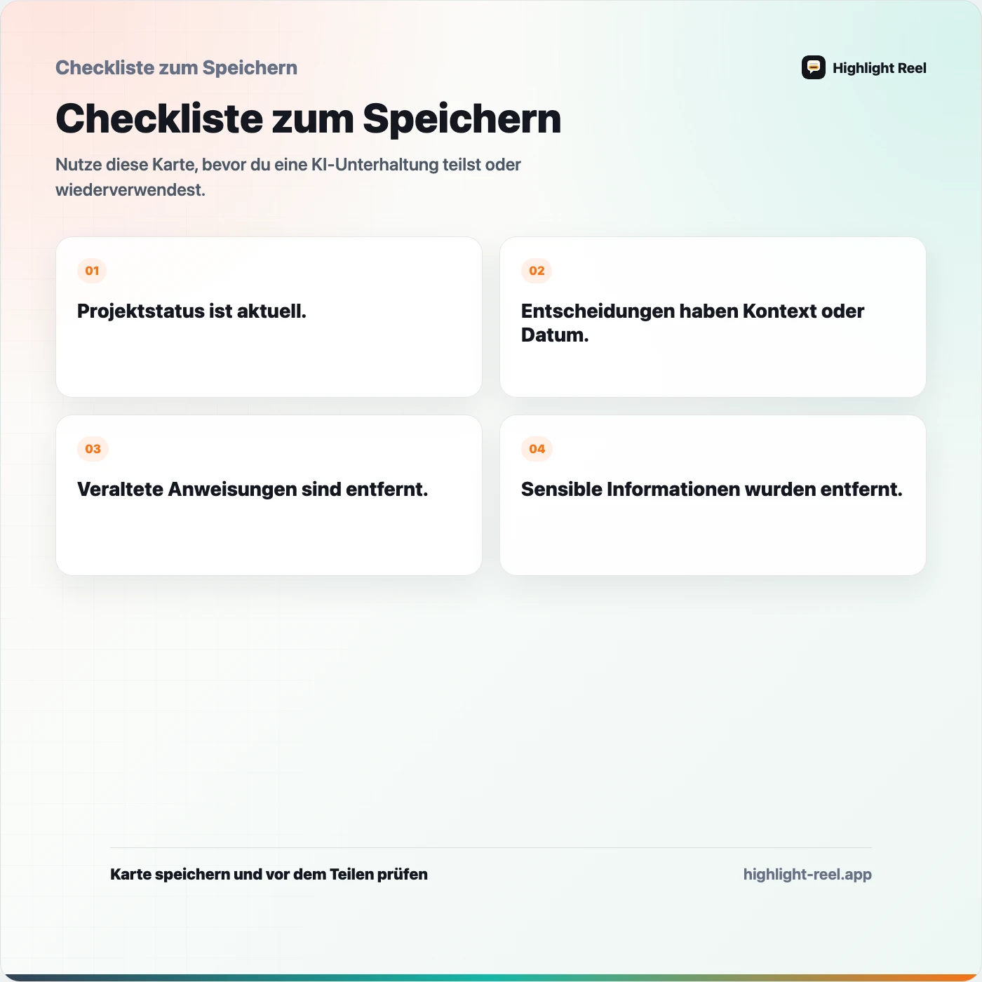 Checkliste zum Speichern für Ein wiederverwendbares Kontextpaket für KI-Projekte bauen