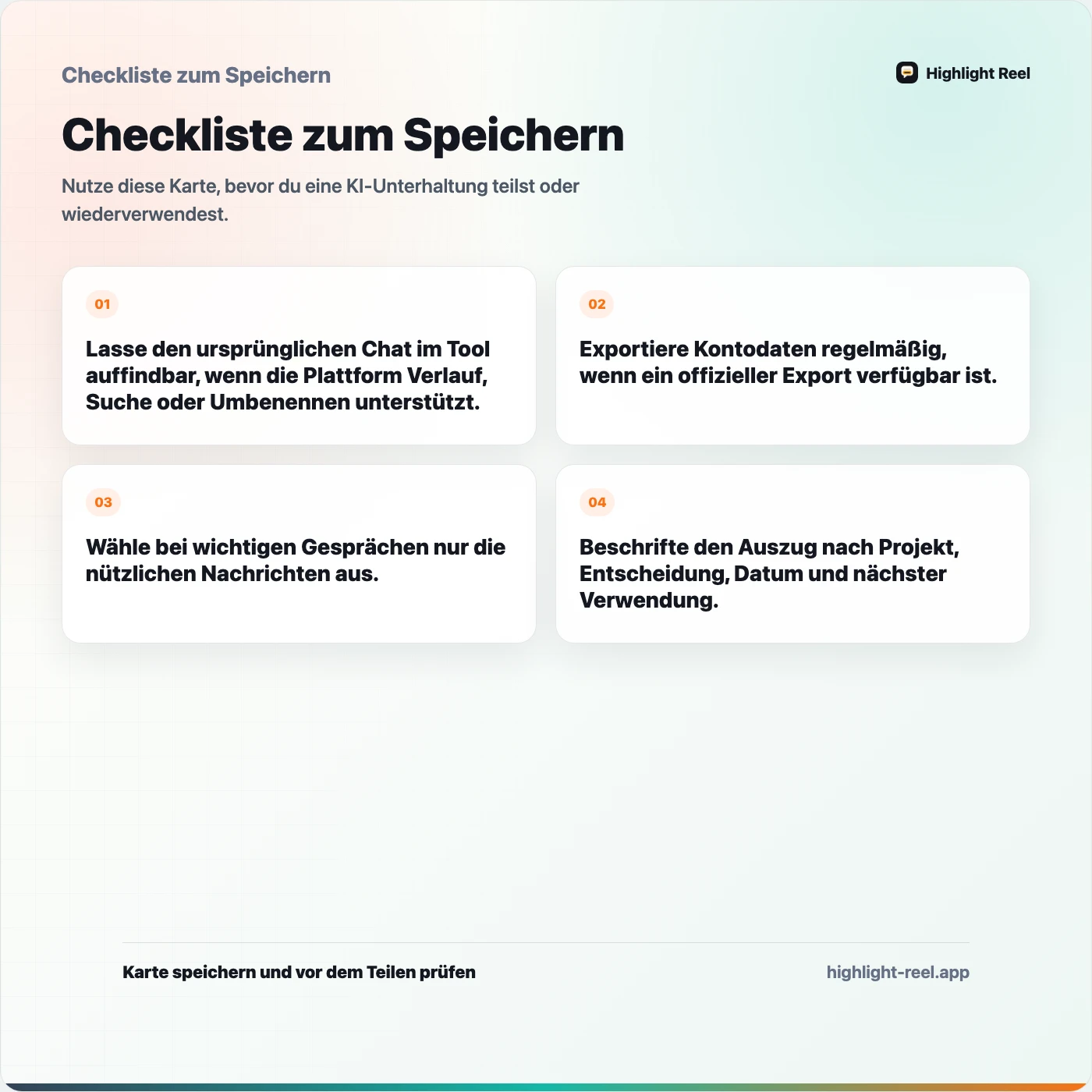 Checkliste zum Speichern für KI-Chatverläufe so speichern, dass sie später nützlich sind