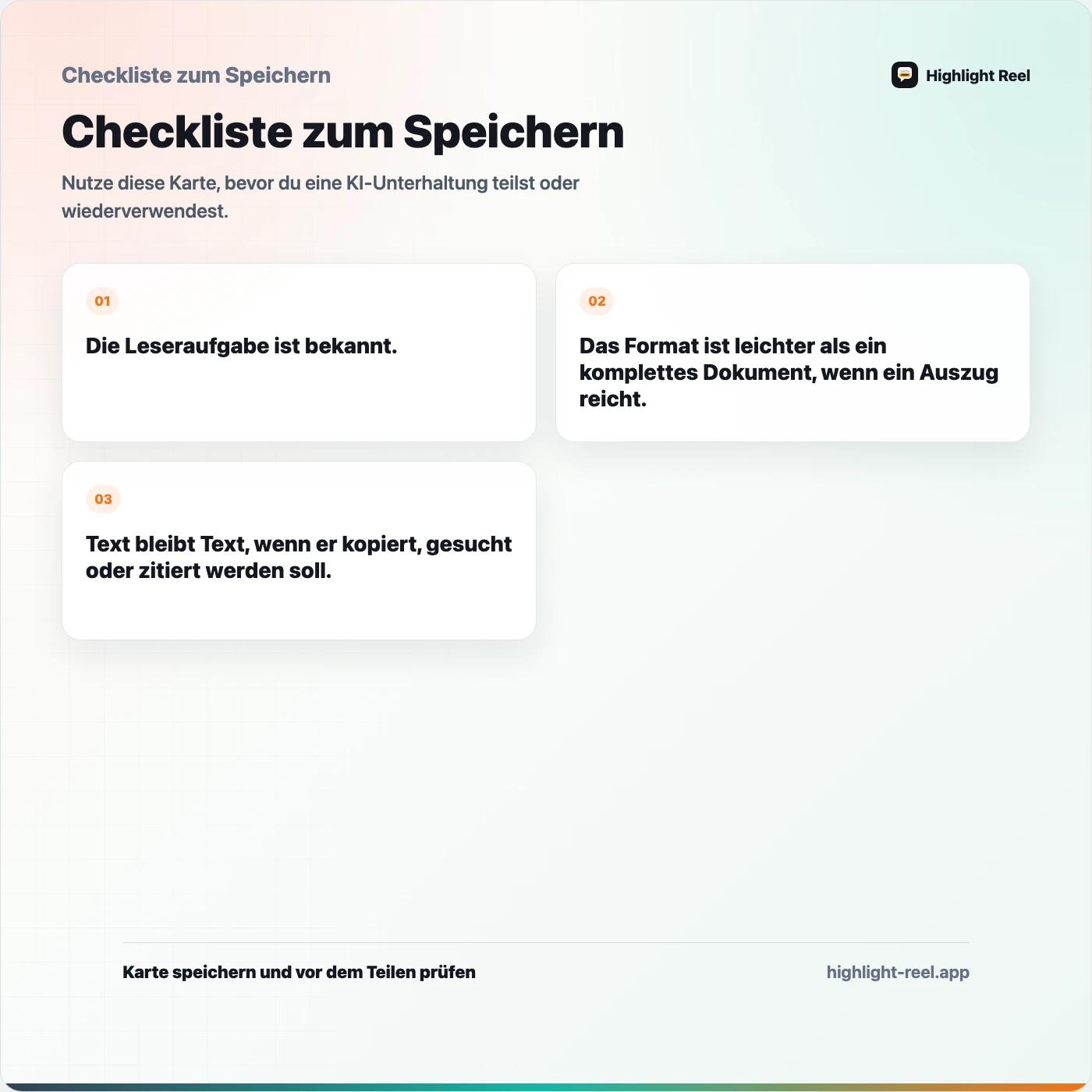 Checkliste zum Speichern für Screenshots, Freigabelinks, Docs oder bereinigte Auszüge?