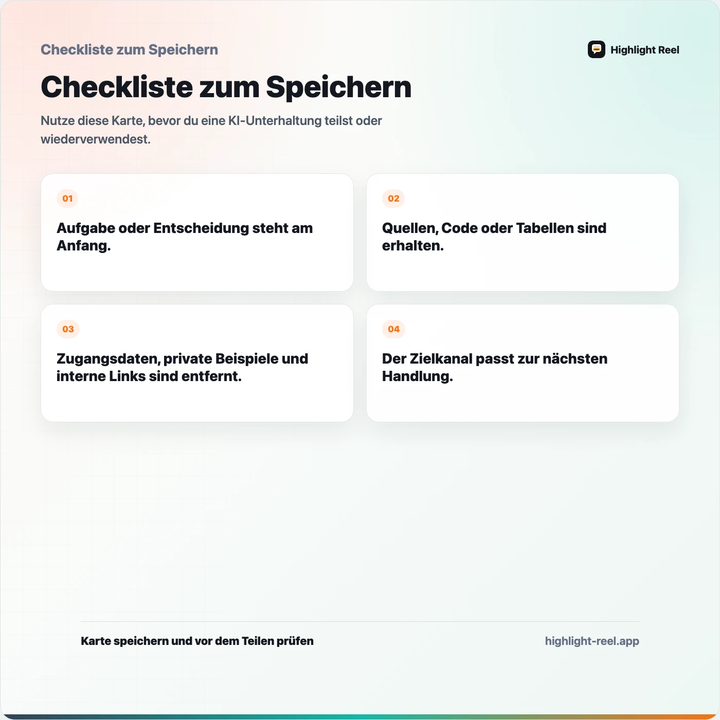 Checkliste zum Speichern für KI-Chat-Auszüge mit dem Team teilen