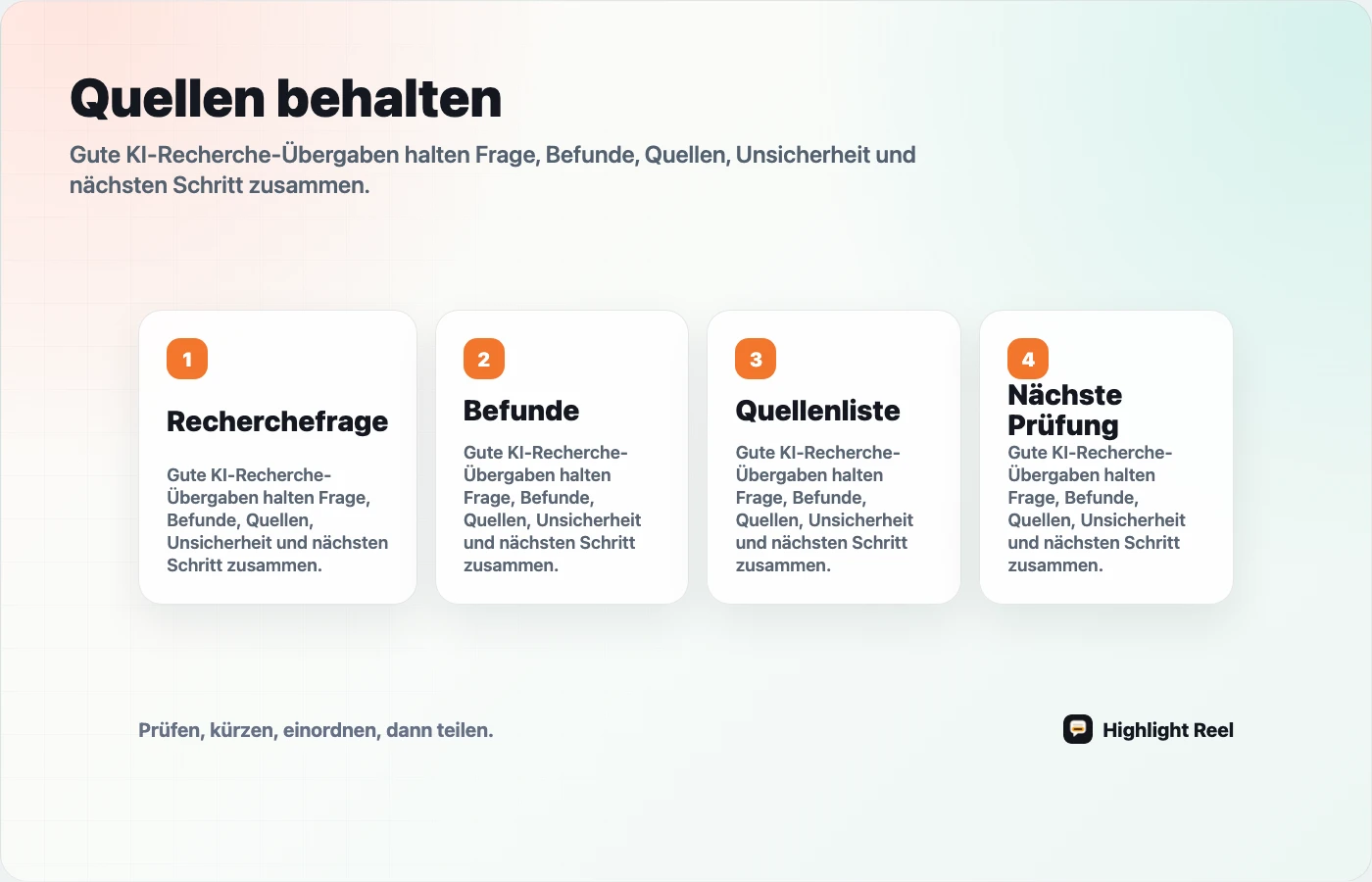 Ablauf zum Teilen von KI-Recherche mit Quellen im Team