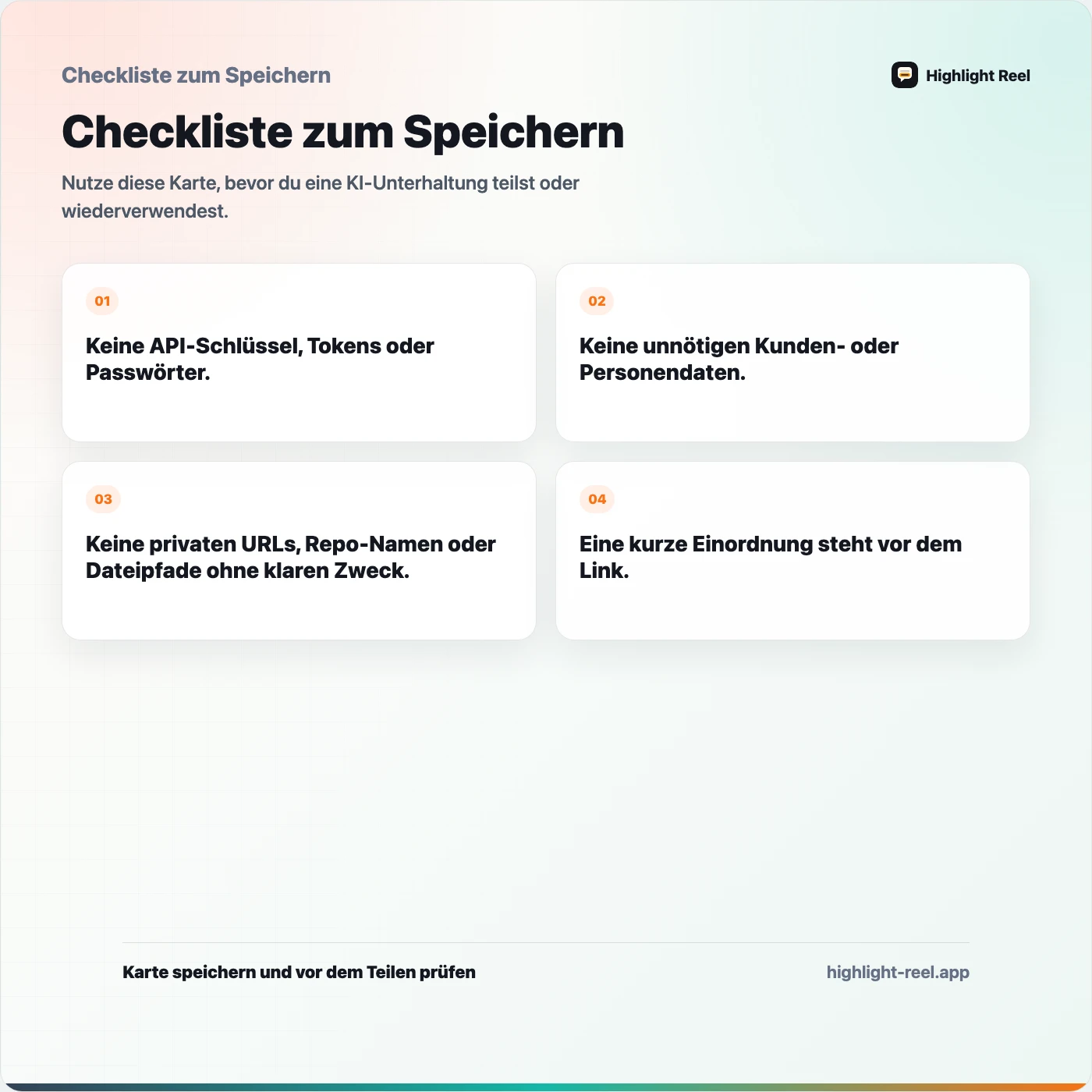 Checkliste zum Speichern für Claude-Chats mit Kollegen teilen, ohne den ganzen Verlauf zu senden
