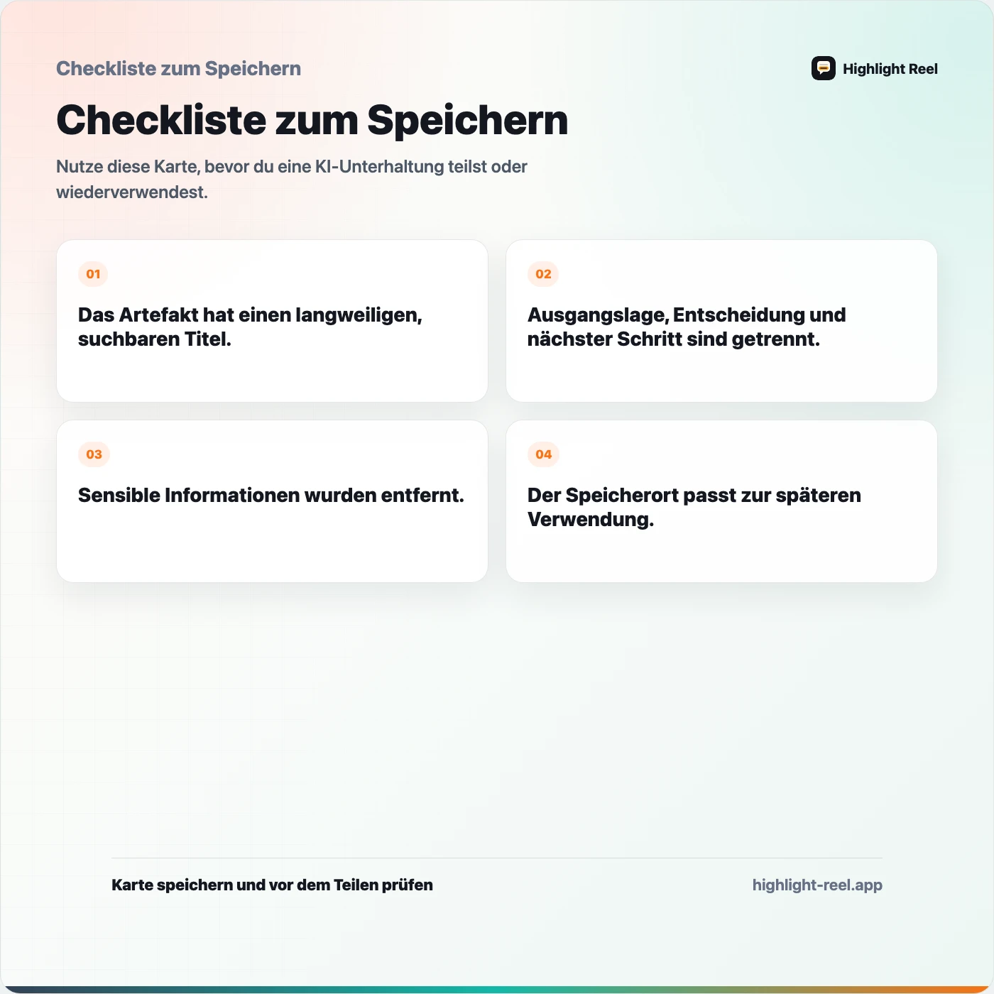 Checkliste zum Speichern für Aus einem KI-Chat ein wiederverwendbares Arbeitsartefakt machen