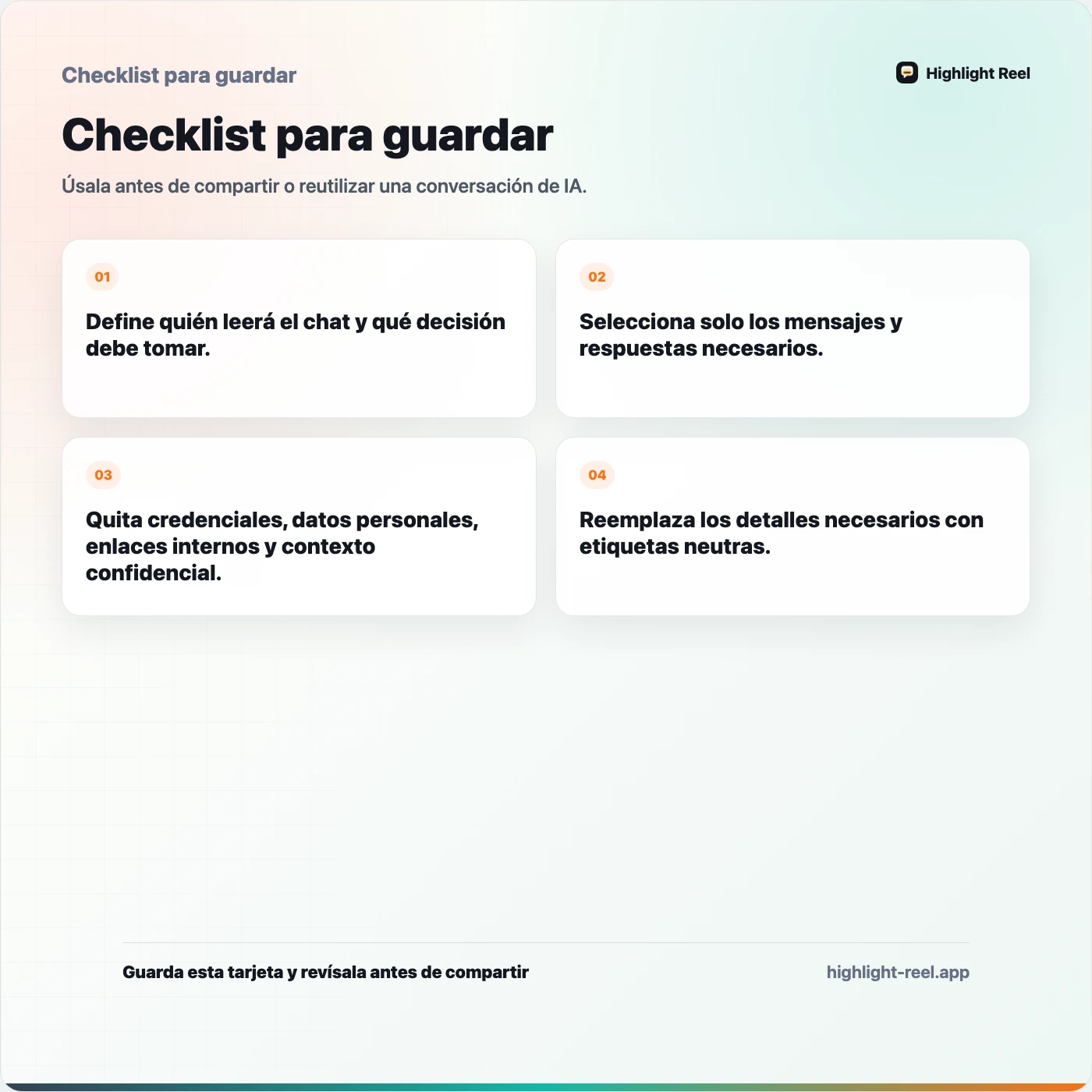 Checklist para guardar sobre Cómo limpiar un chat de IA antes de compartirlo