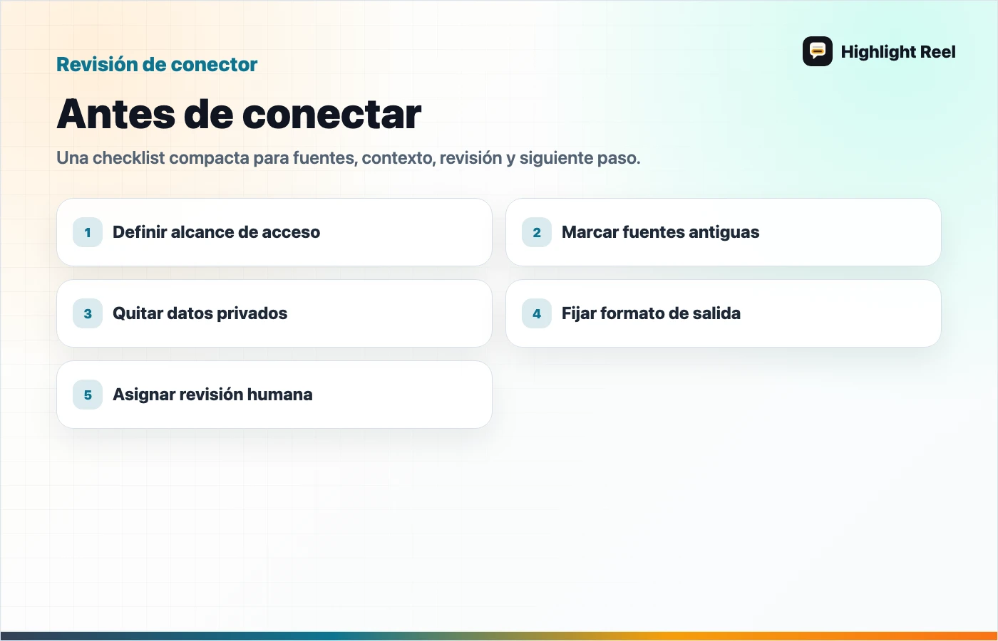 Checklist para guardar y compartir trabajo de IA: Antes de conectar