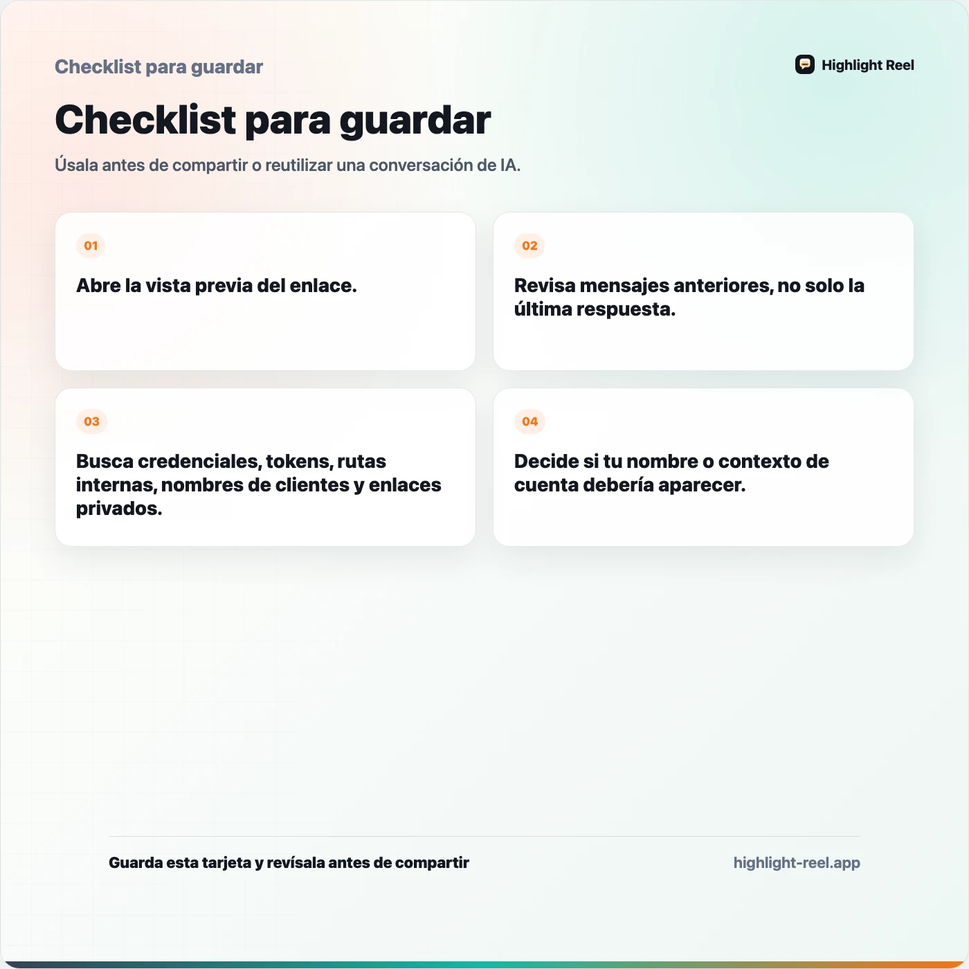 Checklist para guardar sobre Privacidad de los enlaces compartidos de ChatGPT: qué pueden ver otras personas