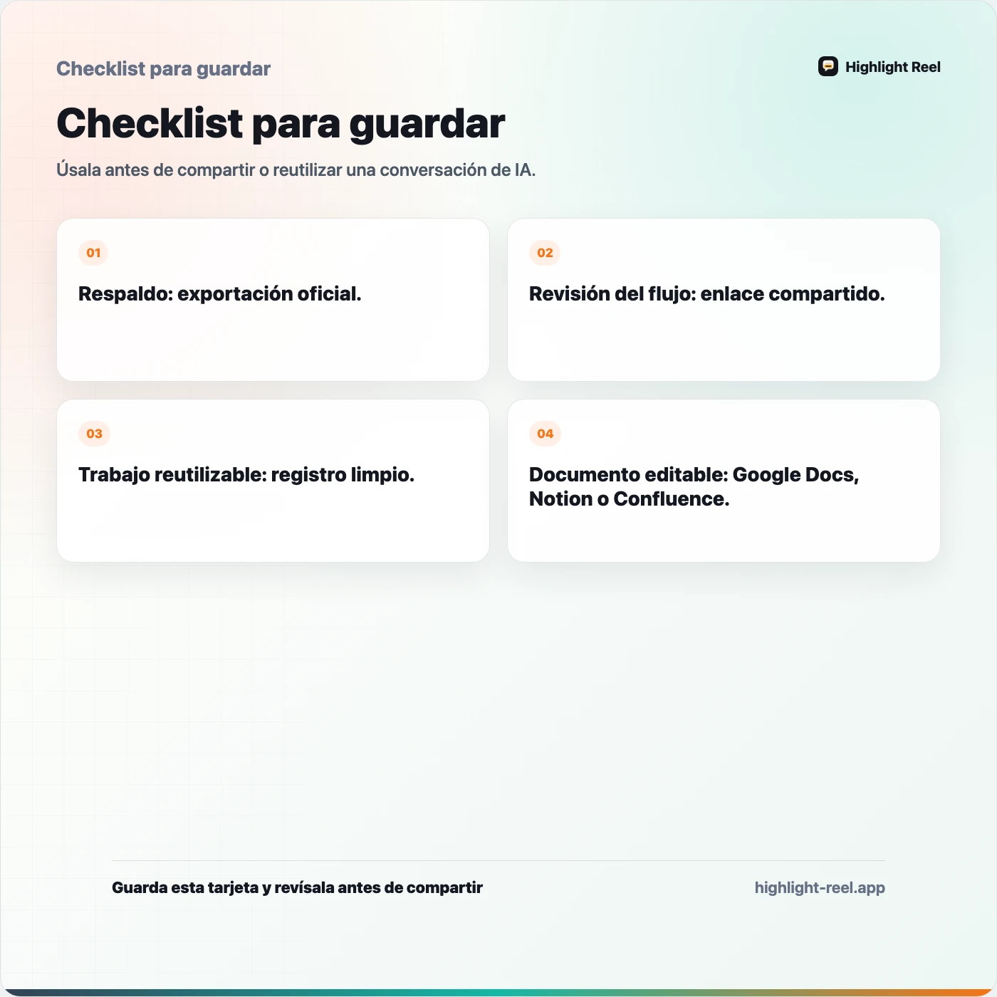 Checklist para guardar sobre Cómo exportar una conversación de ChatGPT sin perder lo útil