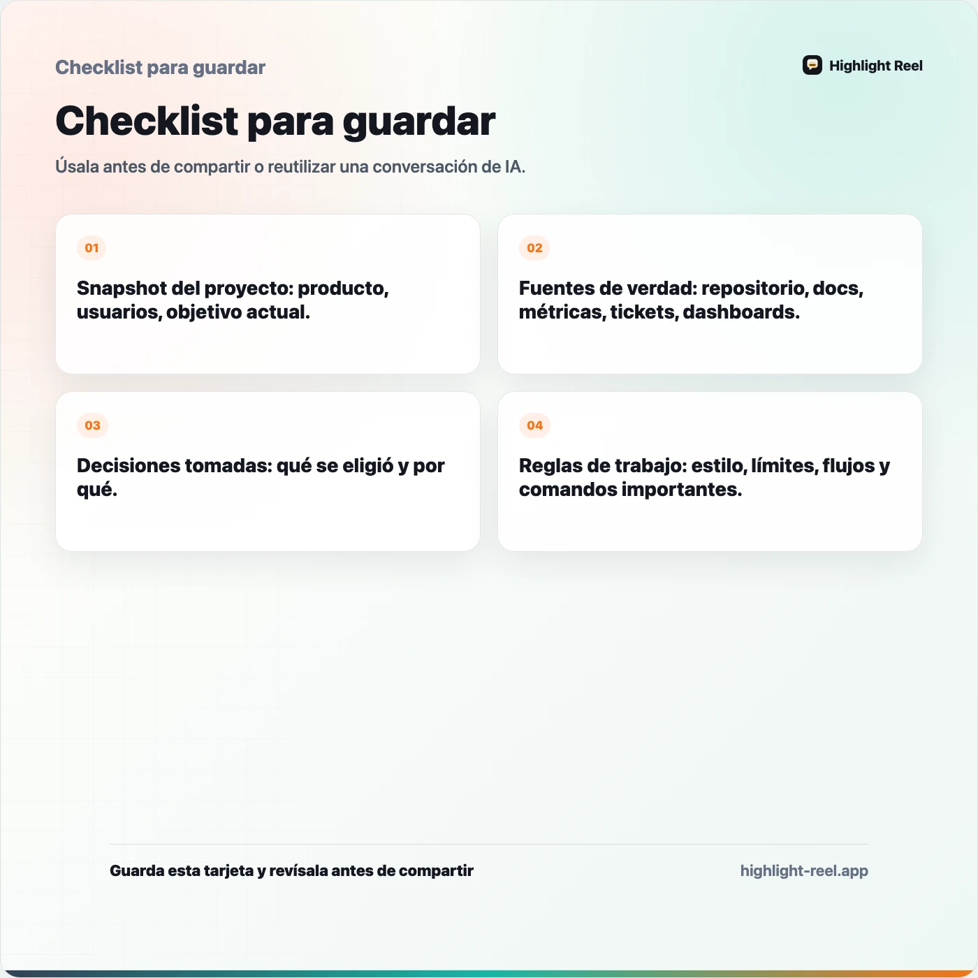 Checklist para guardar sobre Cómo crear un paquete reutilizable de contexto para proyectos de IA