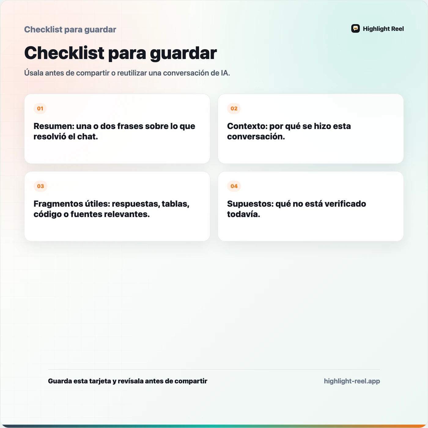 Checklist para guardar sobre Cómo compartir registros de chats de IA con tu equipo