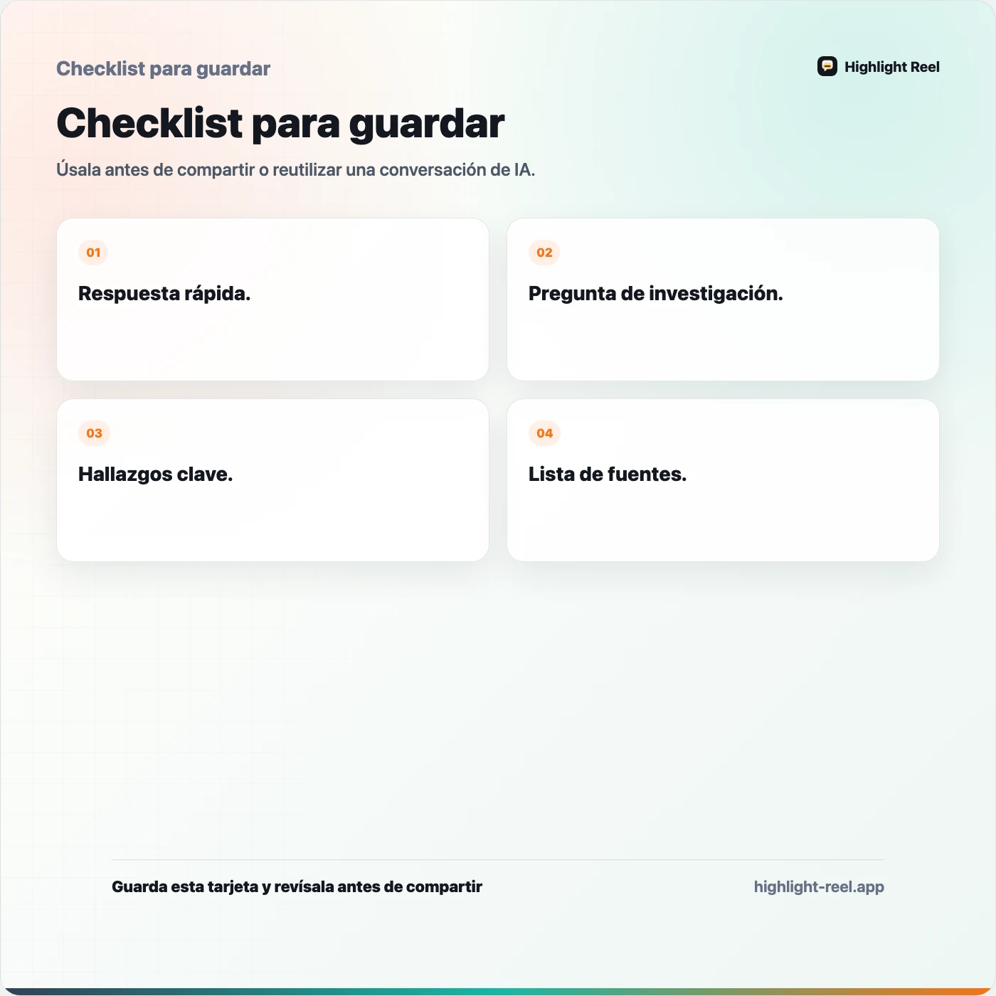 Checklist para guardar sobre Cómo compartir investigación generada por IA con tu equipo sin perder las fuentes