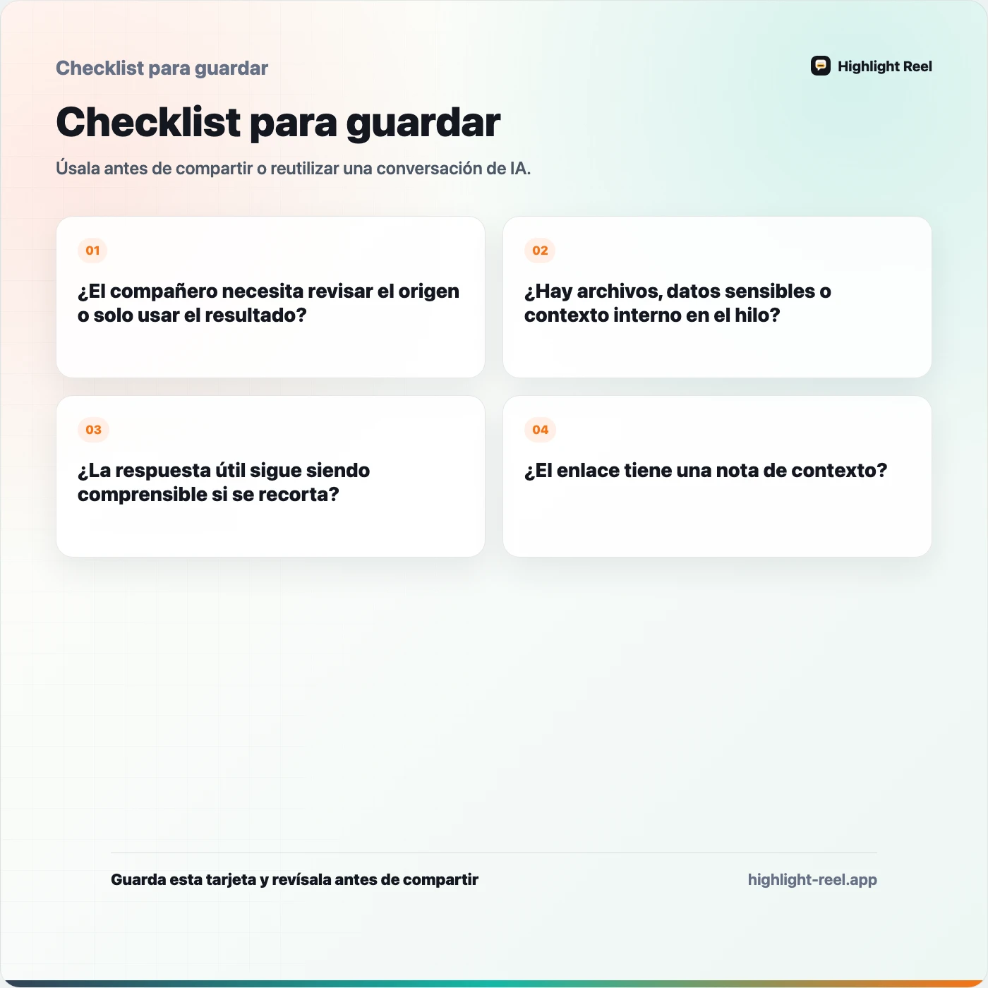 Checklist para guardar sobre Cómo compartir chats de Claude con compañeros sin mandar todo el hilo