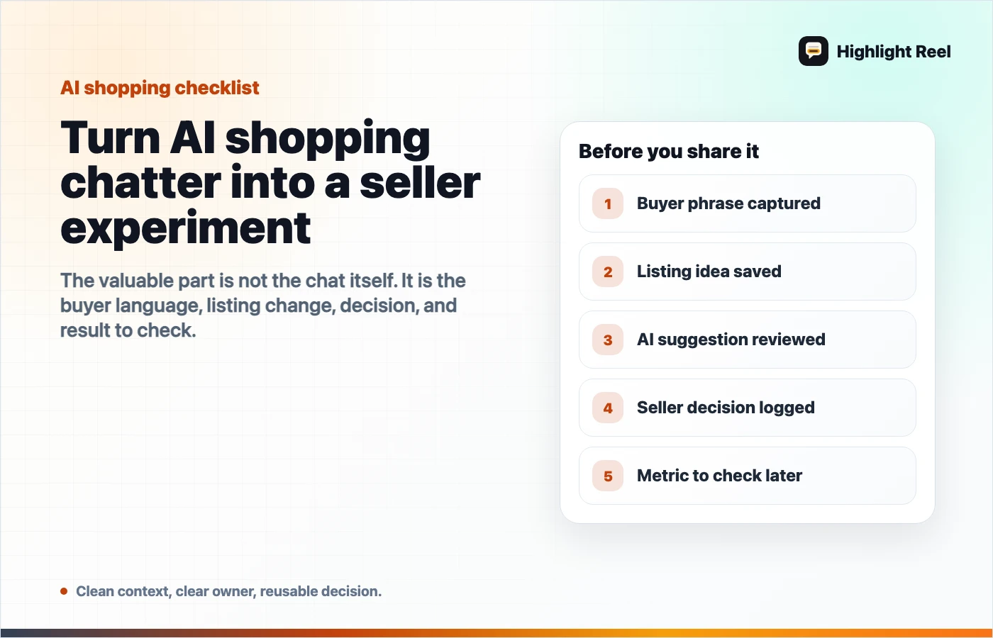 AI shopping seller checklist for buyer phrase, listing idea, AI suggestion, seller decision, and metric to check
