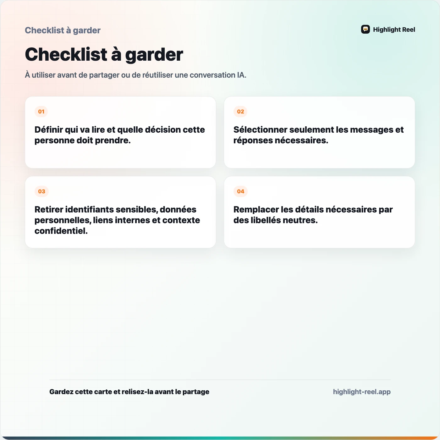 Checklist à garder pour Nettoyer une conversation IA avant de la partager