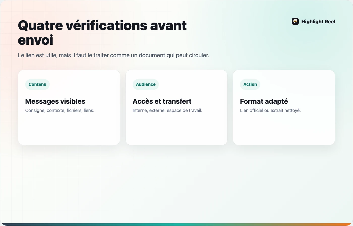 Carte française des éléments à vérifier avant d’envoyer un lien de partage ChatGPT