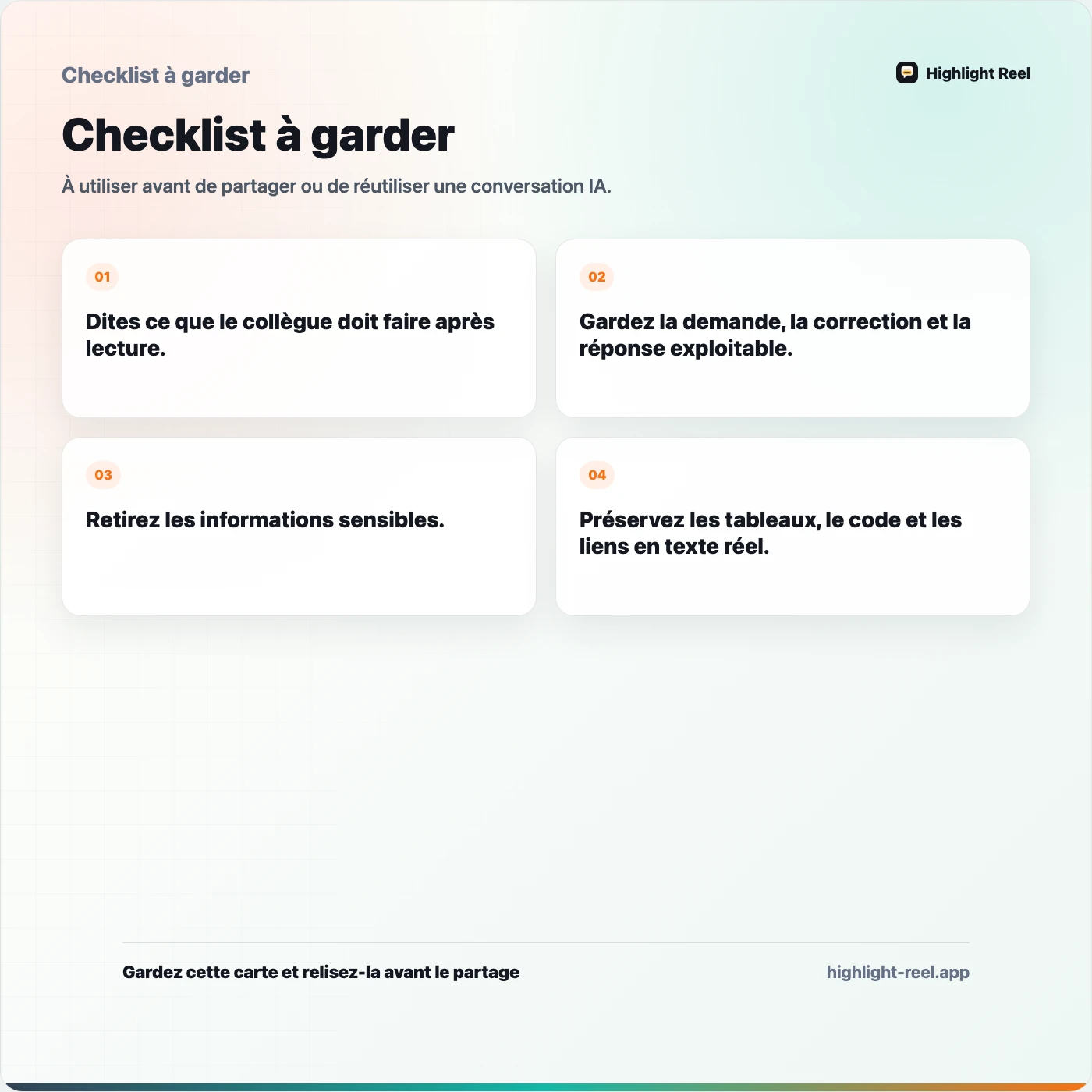Checklist à garder pour Conversations partagées Claude ou extraits nettoyés : quoi envoyer à ses collègues