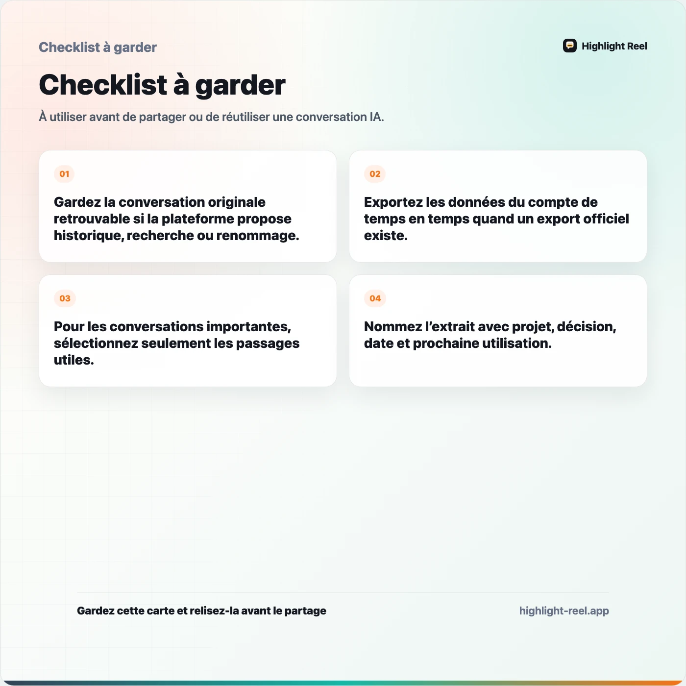 Checklist à garder pour Sauvegarder les conversations IA pour les réutiliser