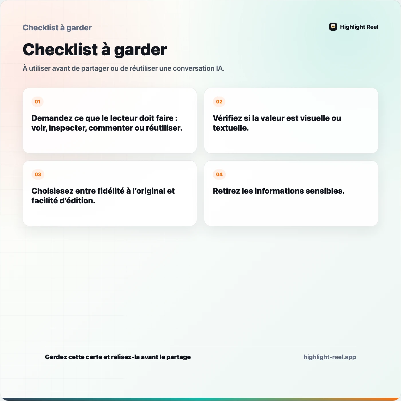 Checklist à garder pour Captures d’écran, liens de partage, docs ou extraits nettoyés
