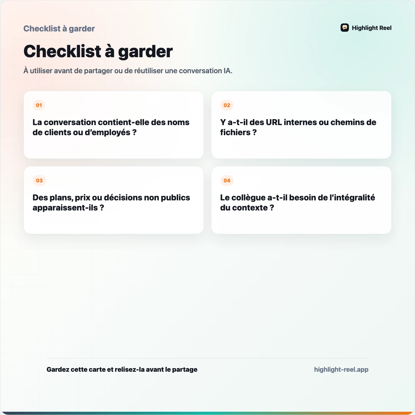 Checklist à garder pour Partager des conversations Claude avec des collègues sans envoyer tout le fil