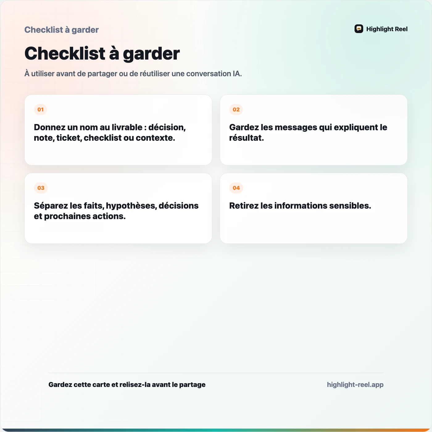 Checklist à garder pour Transformer une conversation IA en livrable réutilisable