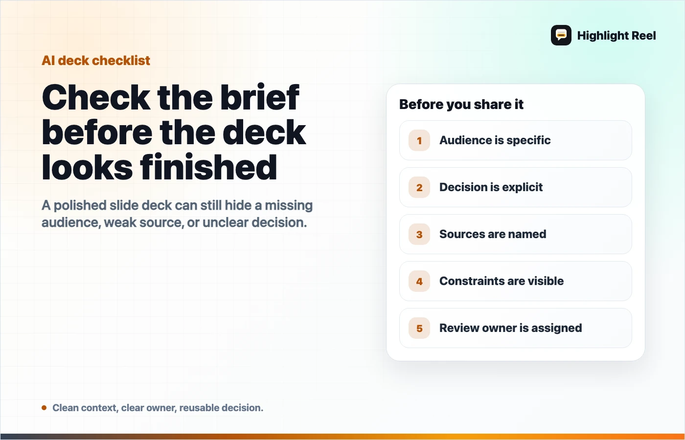 AI deck brief review checklist covering audience, decision, sources, constraints, and review owner