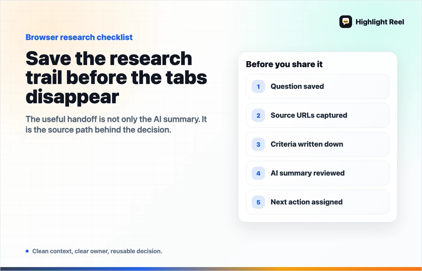 Browser AI research review checklist for question, source URLs, criteria, AI summary, and next action