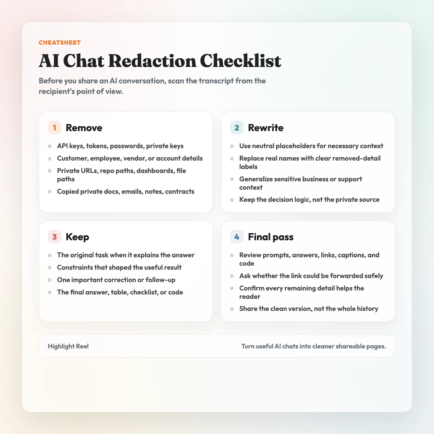 A downloadable AI chat redaction checklist card