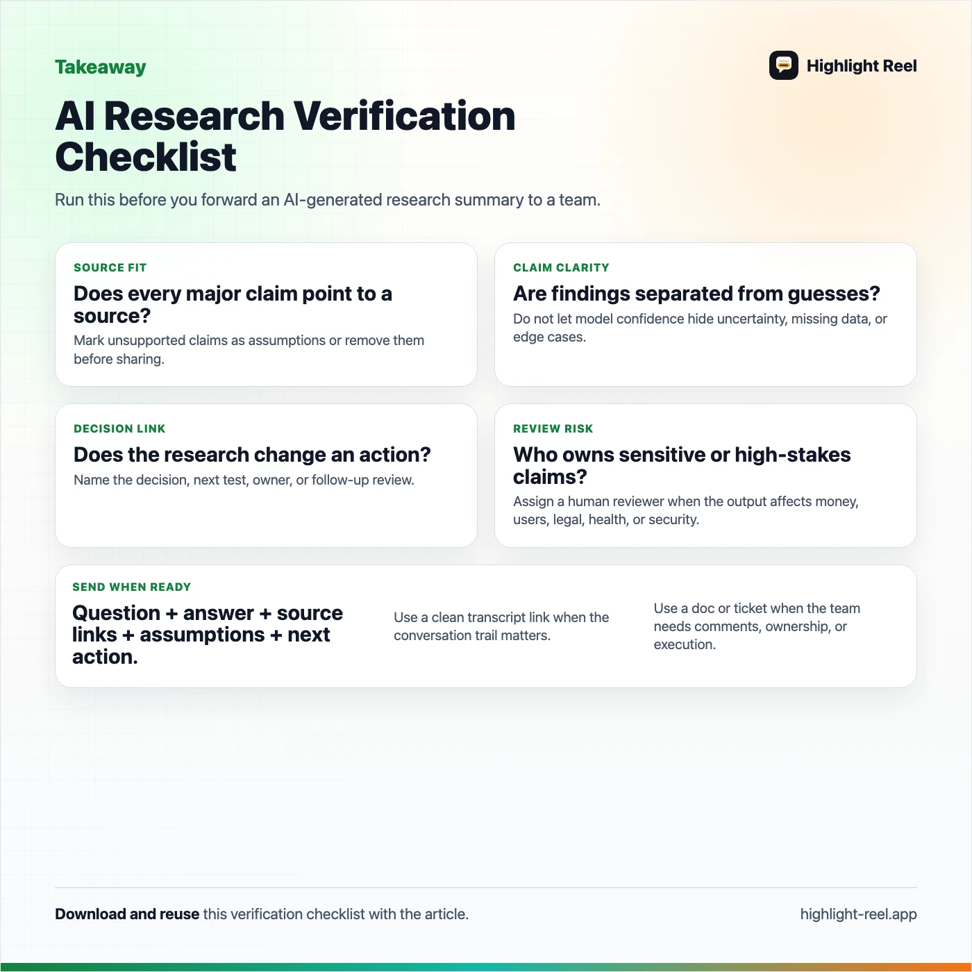 A downloadable AI research verification checklist for checking sources, claims, decisions, and review risk before sharing