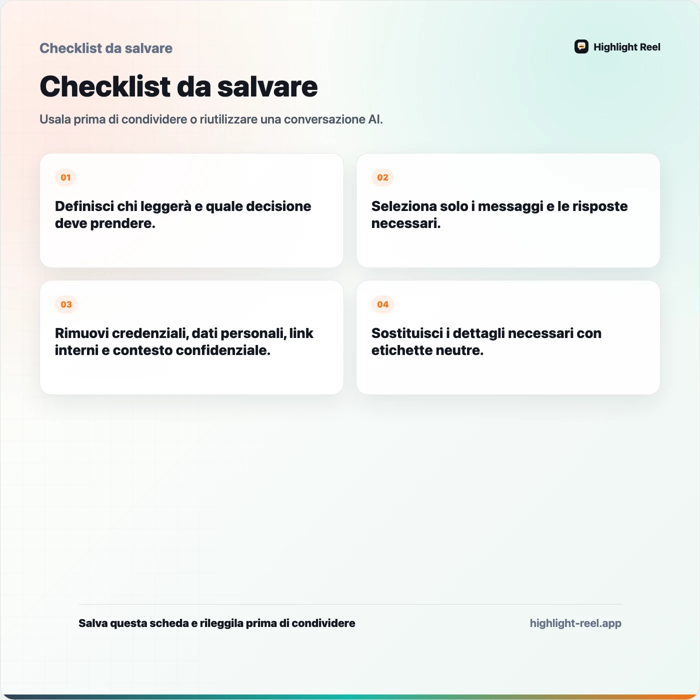 Checklist da salvare per Come ripulire una chat AI prima di condividerla