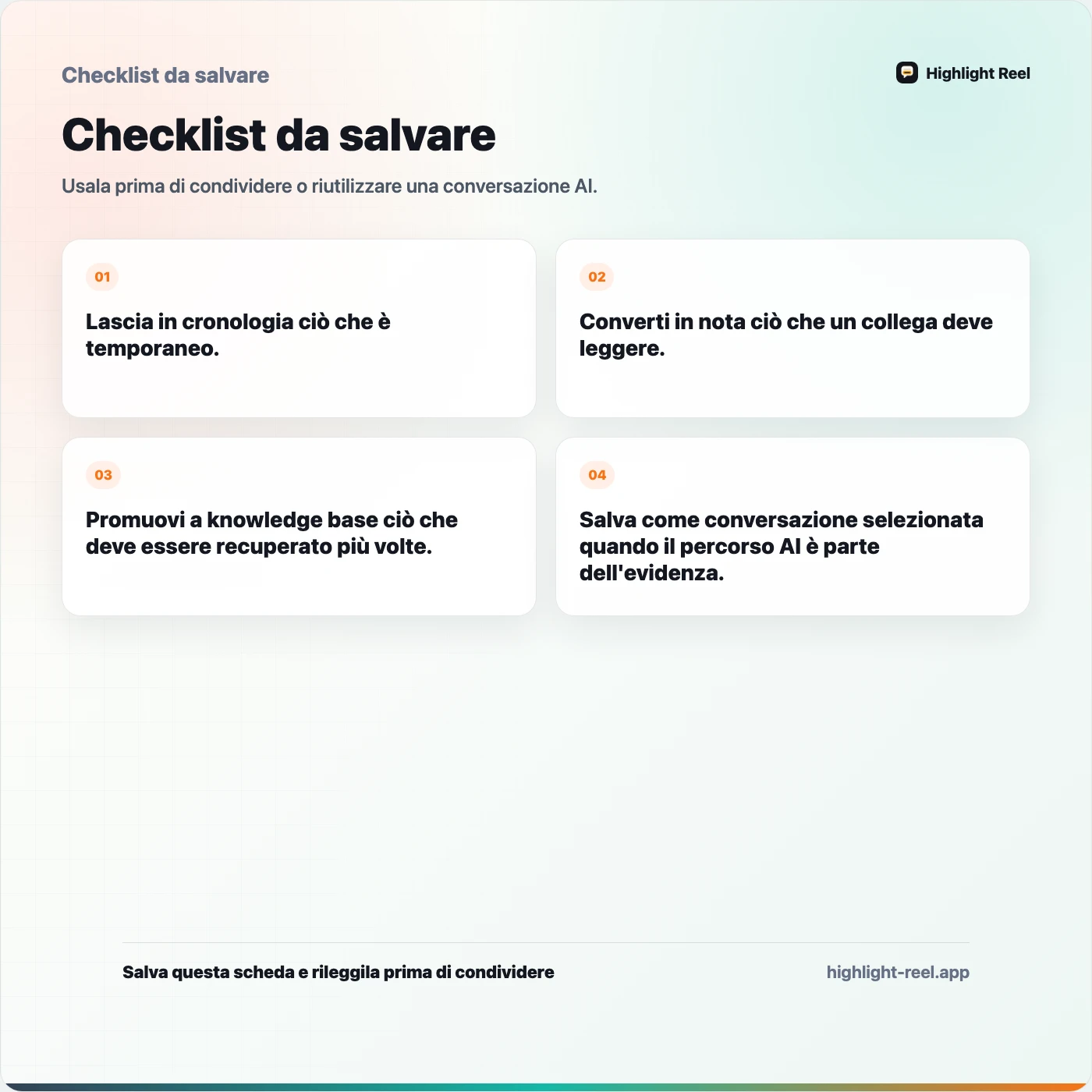 Checklist da salvare per Knowledge base per l’AI o cronologia delle chat: dove mettere conversazioni utili