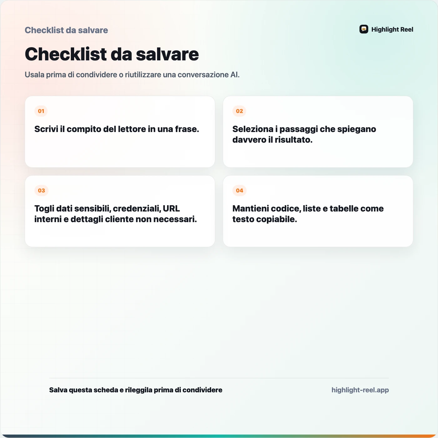 Checklist da salvare per Chat Claude condivise o estratti puliti: cosa inviare ai colleghi