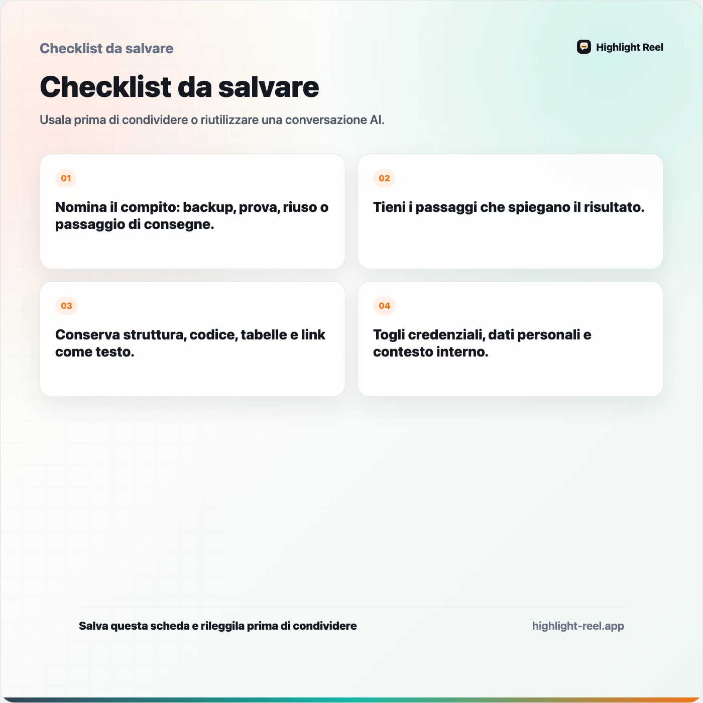 Checklist da salvare per Come esportare una conversazione ChatGPT senza perdere le parti utili