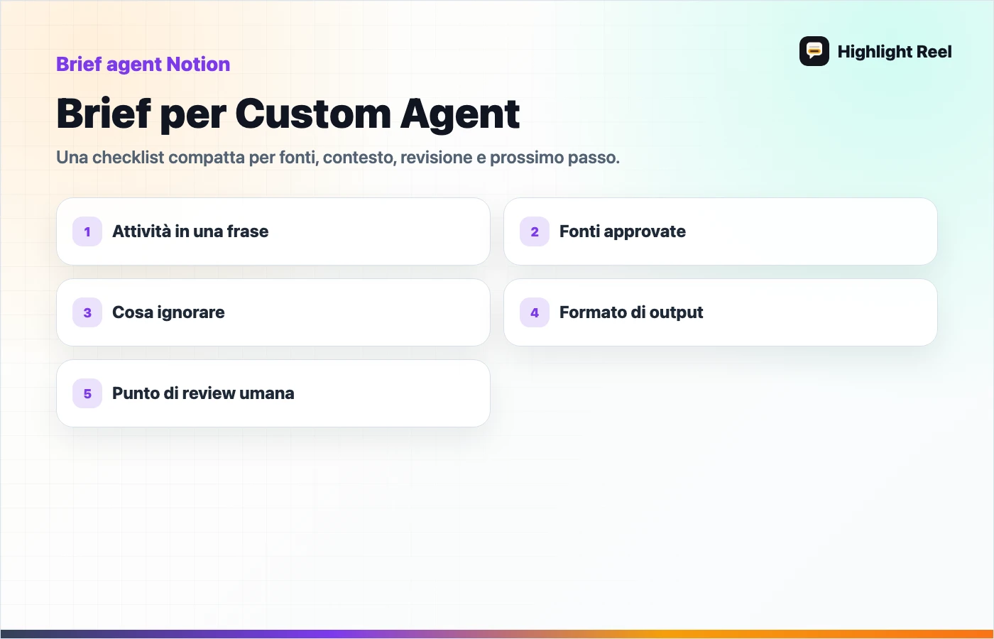Checklist per salvare e condividere lavoro AI: Brief per Custom Agent