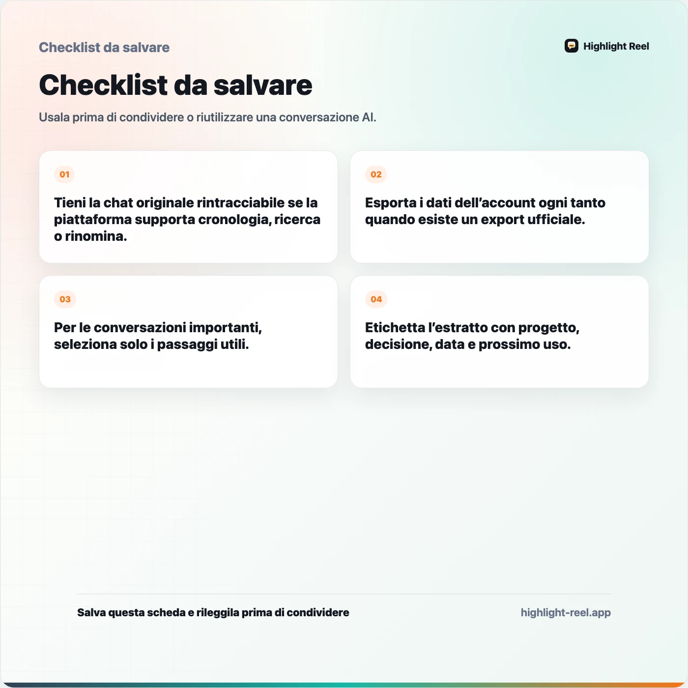Checklist da salvare per Come salvare le chat AI per riusarle più avanti