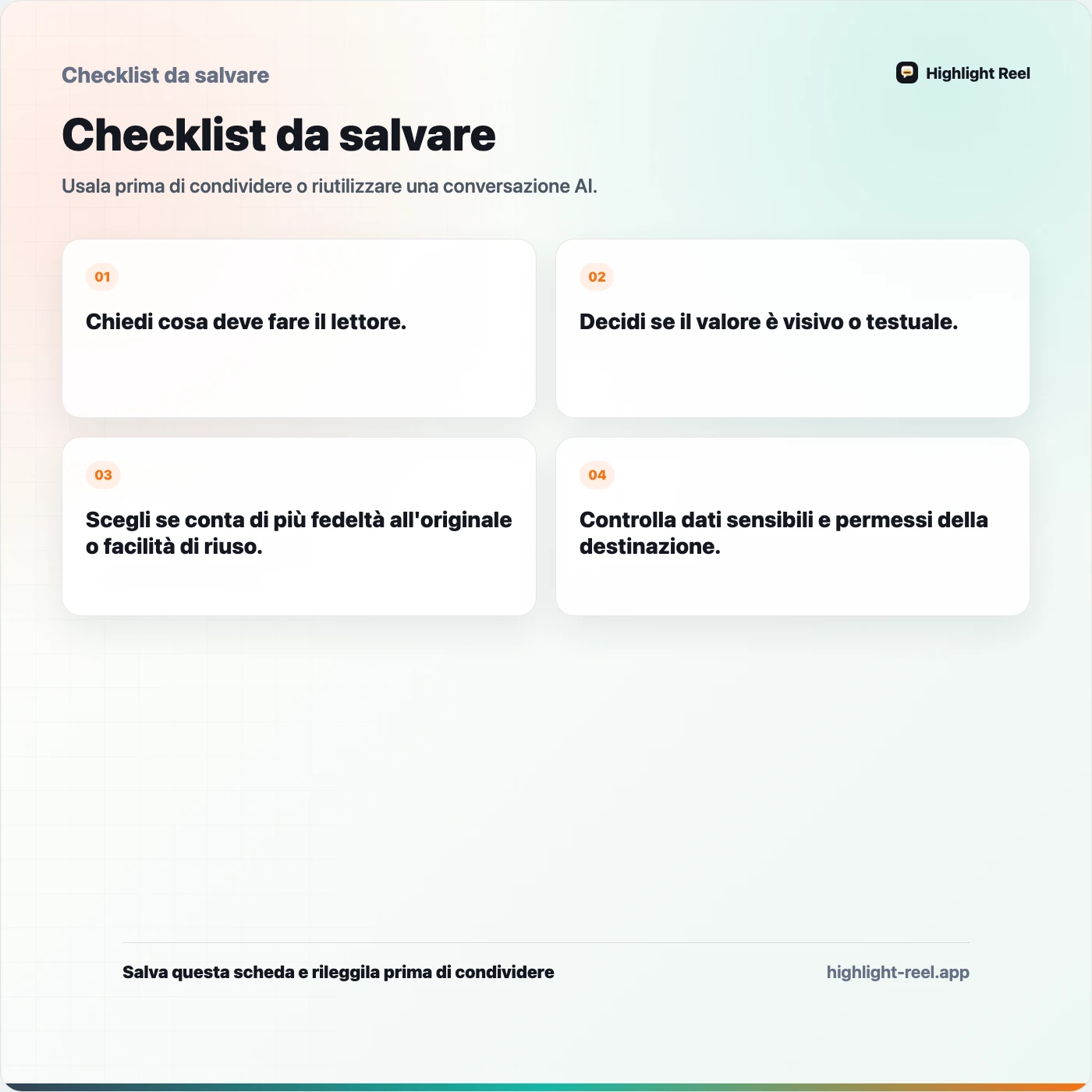 Checklist da salvare per Screenshot, link condivisi, documenti o estratti puliti: cosa scegliere