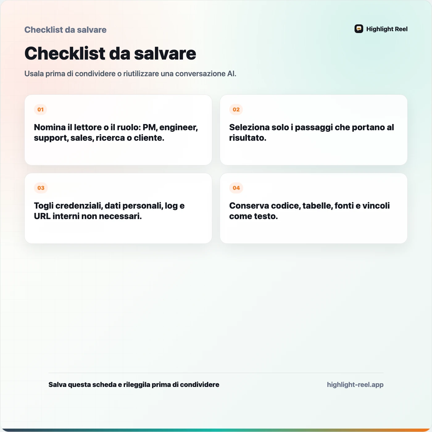 Checklist da salvare per Come condividere trascrizioni di chat AI con il team