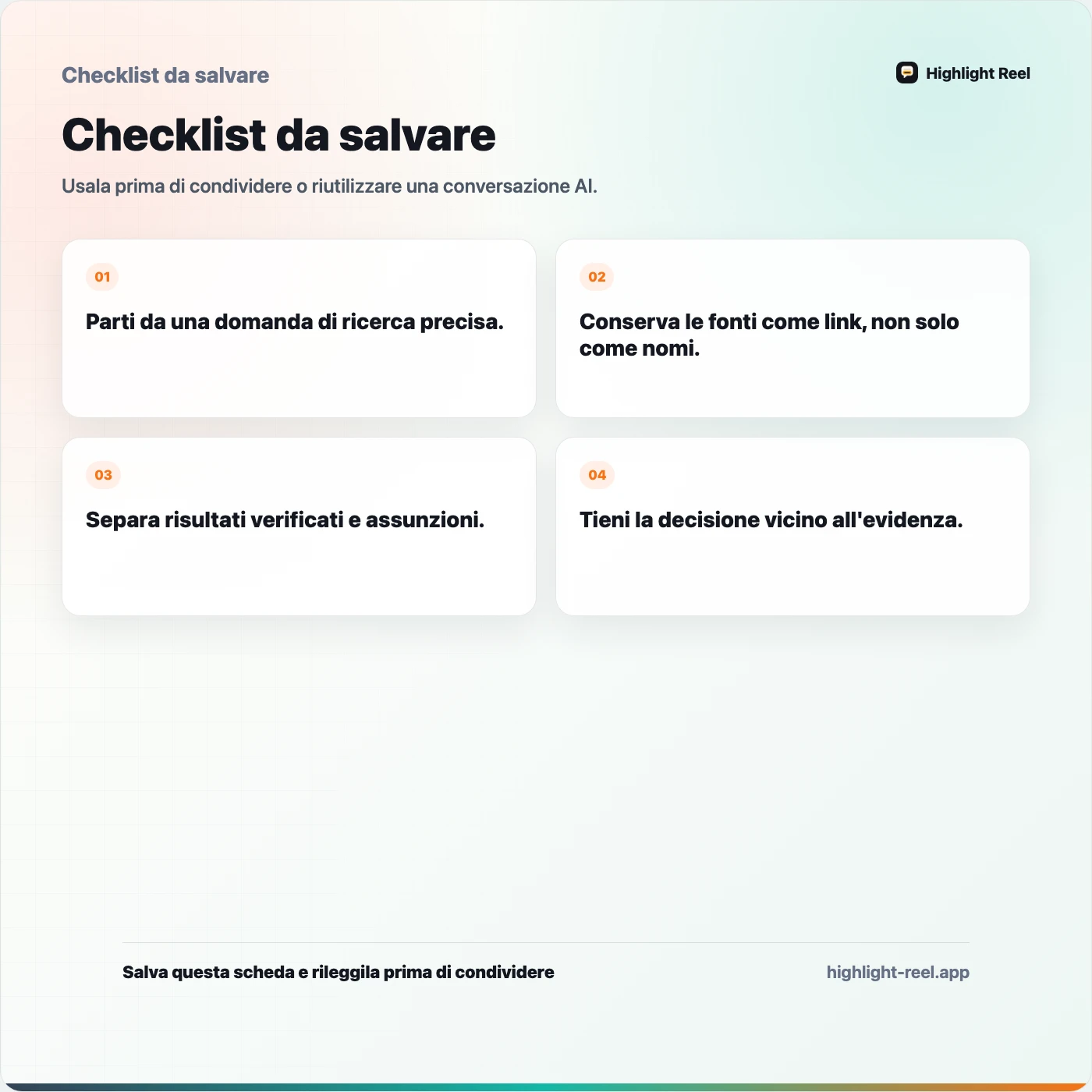Checklist da salvare per Come condividere ricerche generate con AI senza perdere le fonti