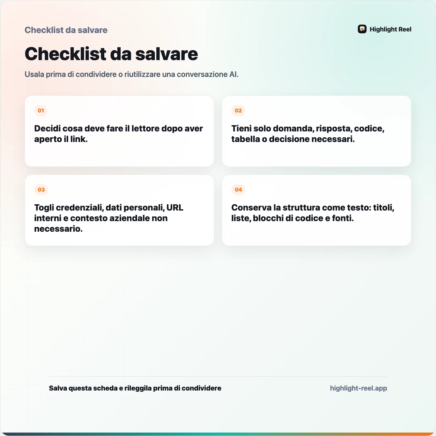 Checklist da salvare per Come condividere una conversazione ChatGPT senza screenshot