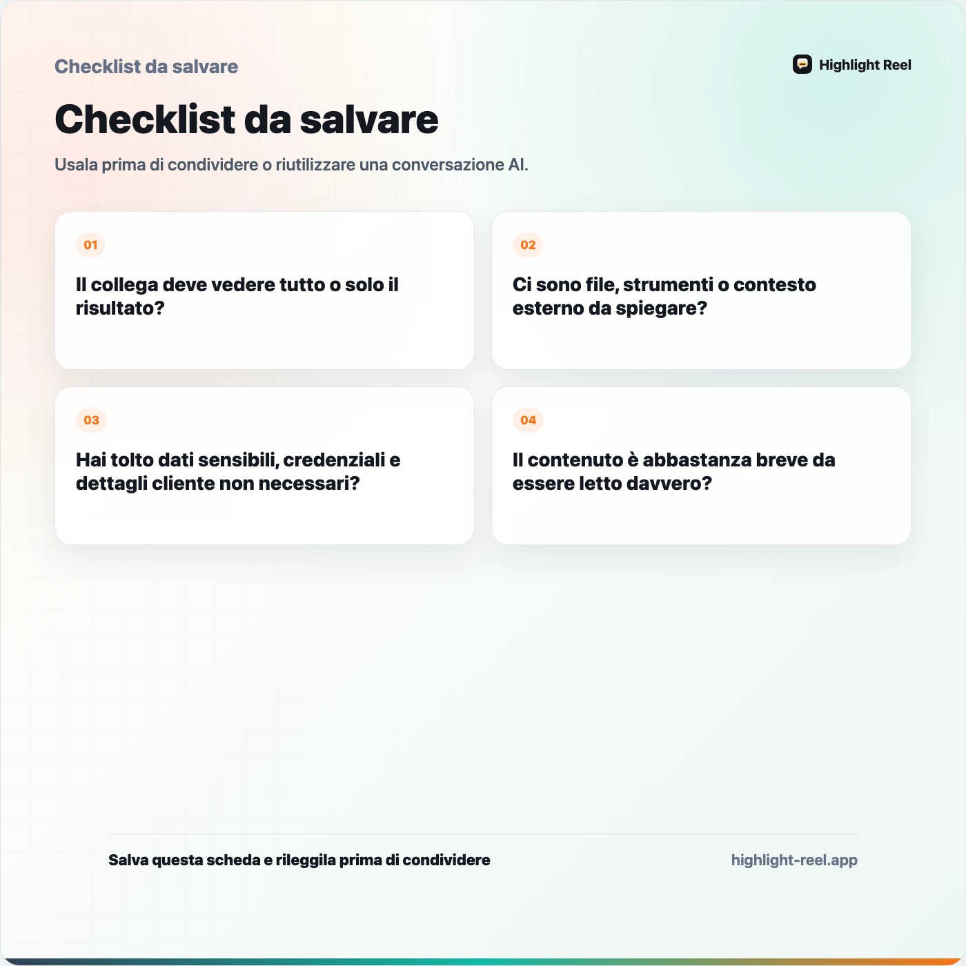 Checklist da salvare per Come condividere chat Claude con i colleghi senza mandare tutta la conversazione