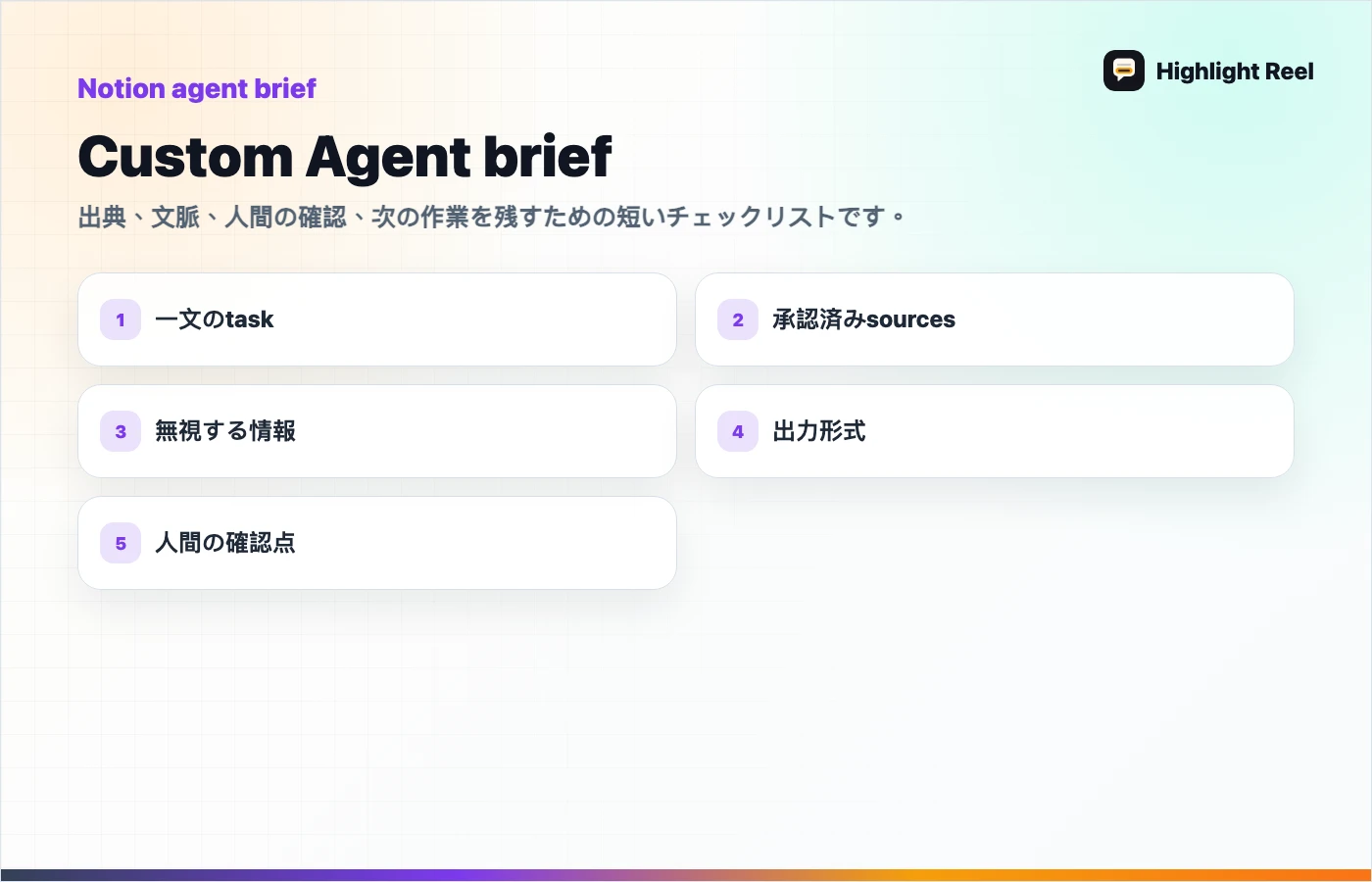 AI作業を保存して共有するためのチェックリスト: Custom Agent brief