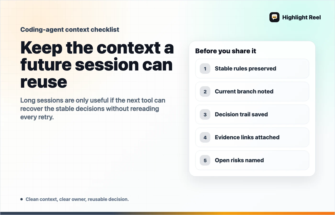 Coding agent context checklist for stable rules, branch state, decision trail, evidence links, and open risks