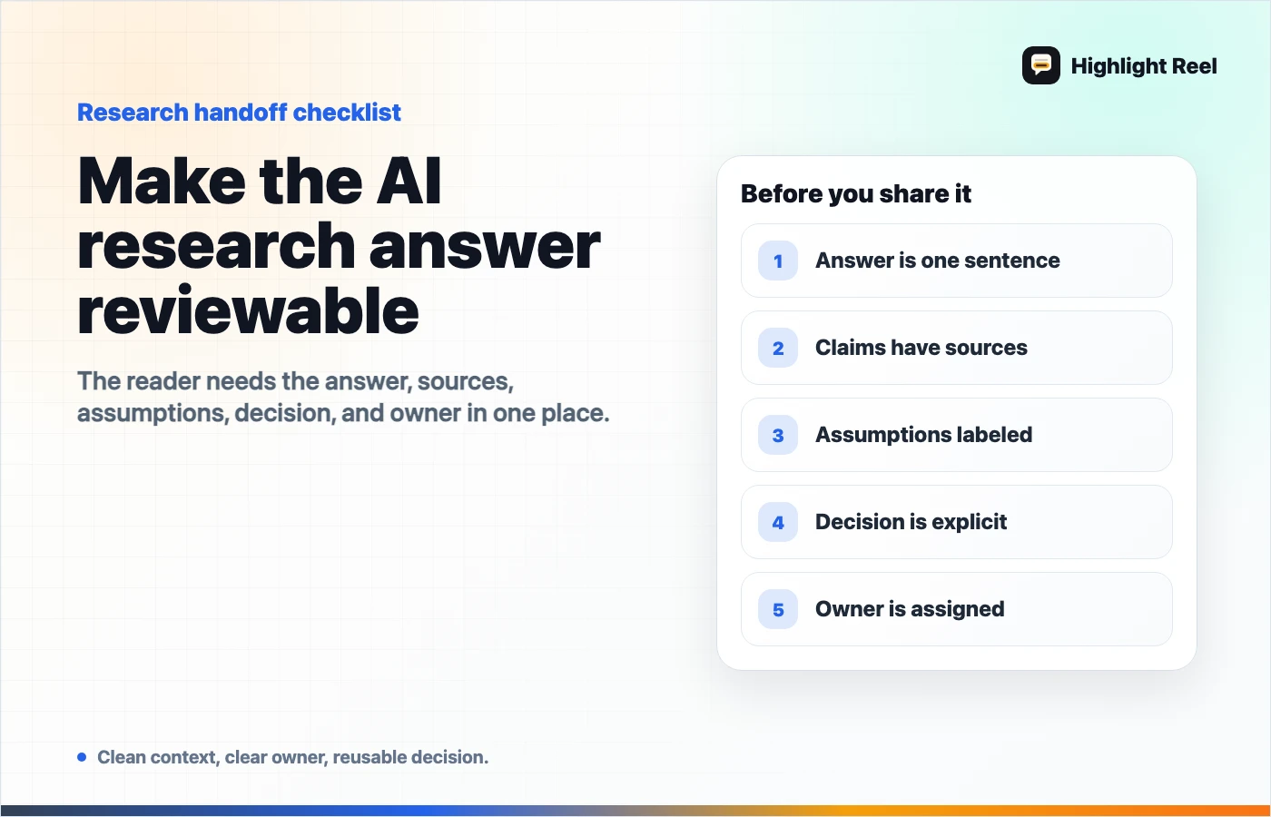 Source-backed AI research checklist for answer, sources, assumptions, decision, and owner