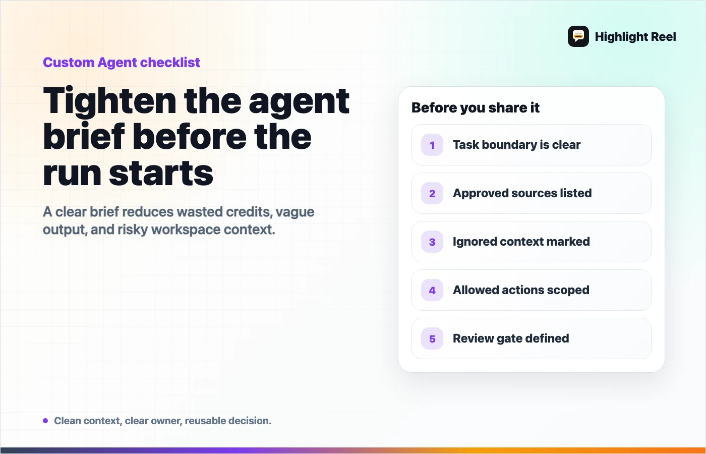 Notion Custom Agent brief checklist for task boundary, sources, ignored context, actions, and review gate