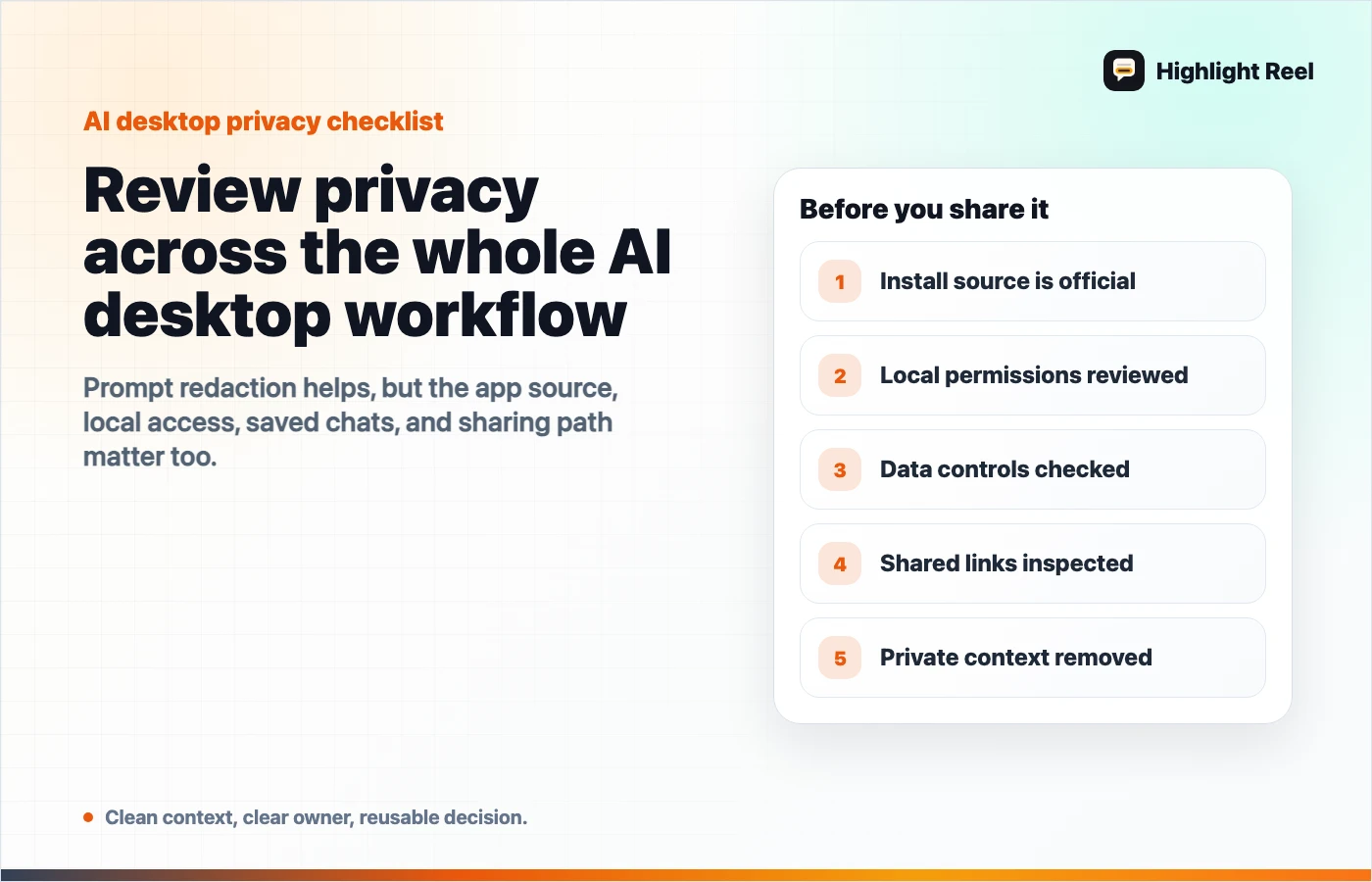 AI desktop privacy review checklist for install source, permissions, data controls, shared links, and redaction