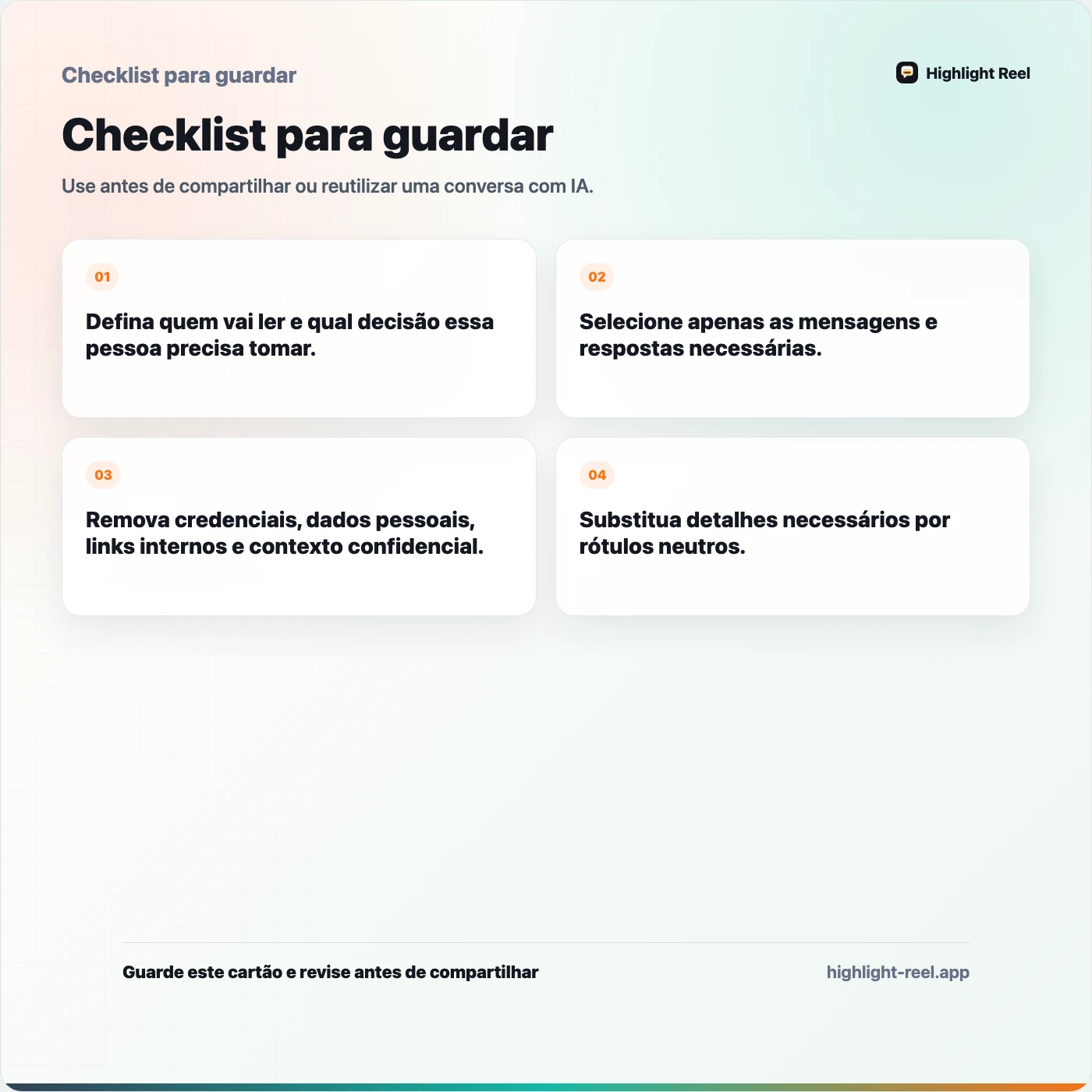 Checklist para guardar sobre Como limpar uma conversa com IA antes de compartilhar